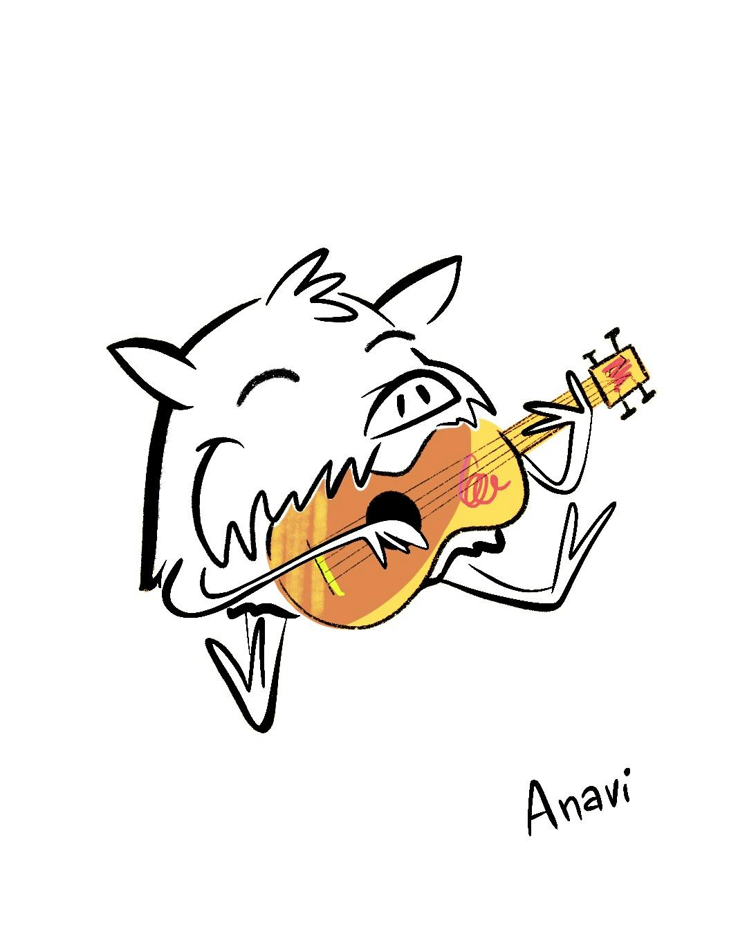 Illustration by Ana Piñero of a pig-dog creature named Paco strumming a ukulele