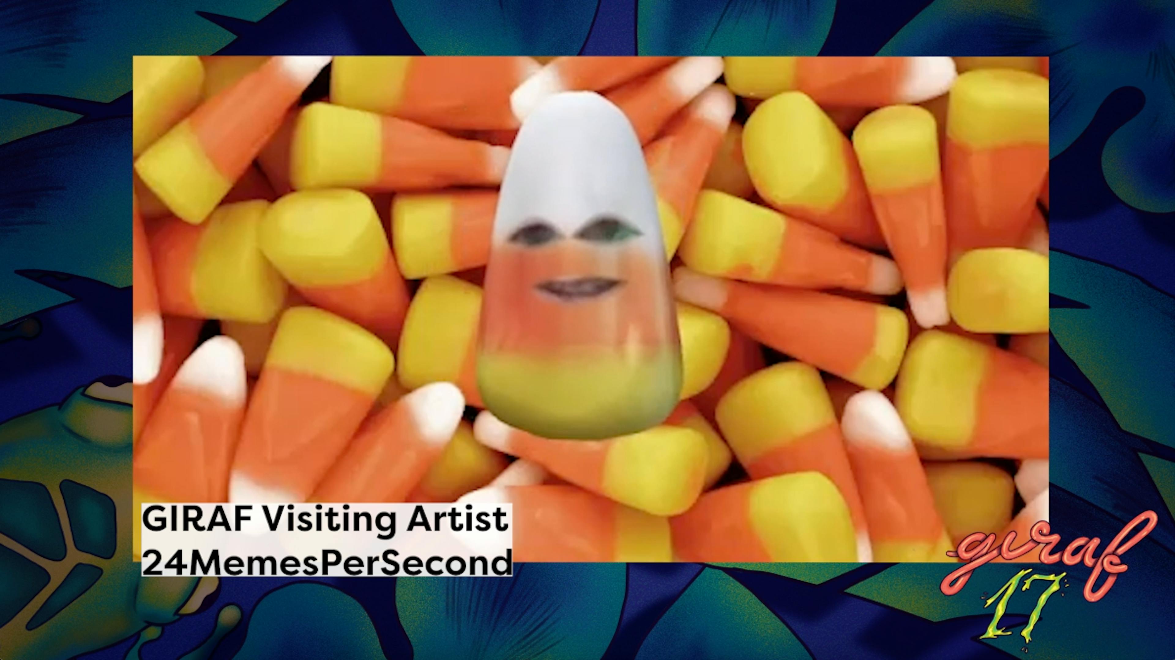 Screenshot of the guest artist talk at giraf 17 with 24memespersecond. Image is of the graf17 frame with the logo displayed in the bottom right corner. In the center of the frame is someone on a Zoom call but with a filter to give them the appearance of candy corn. The bottom left caption reads "GIRAF Visiting Artist 24MemesPerSecond