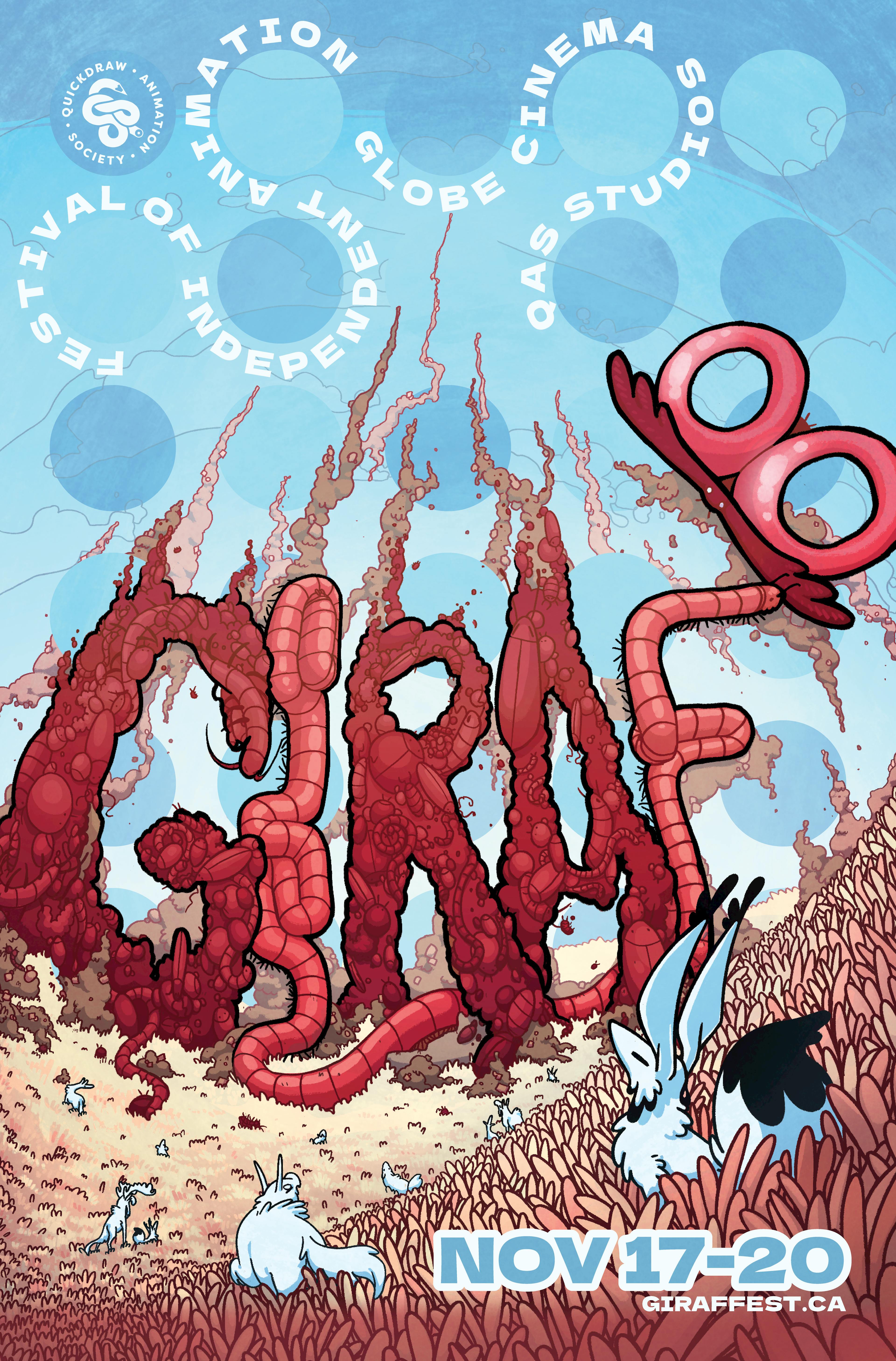 giraf 18 poster. Different creatures on the prairie look up towards a towering pile of giant bugs that spell out "GIRAF 18"