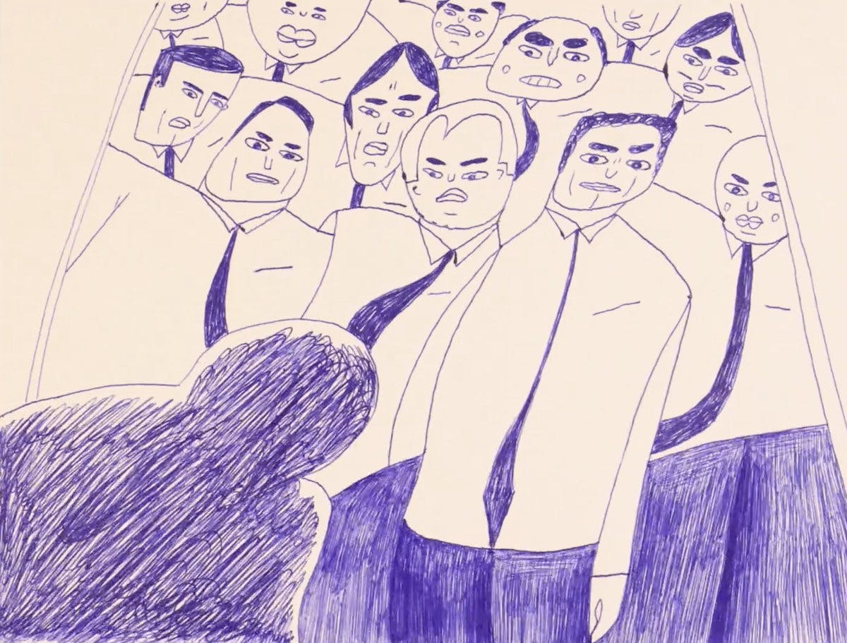 A ballpoint pen drawing of a group of businessmen in a tightly-packed elevator