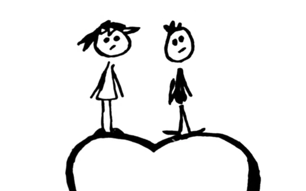 Two drawn stick-like figures drawn on a white background. A feminine on the left, a masculine on the right. They are standing on what looks like a heart shape