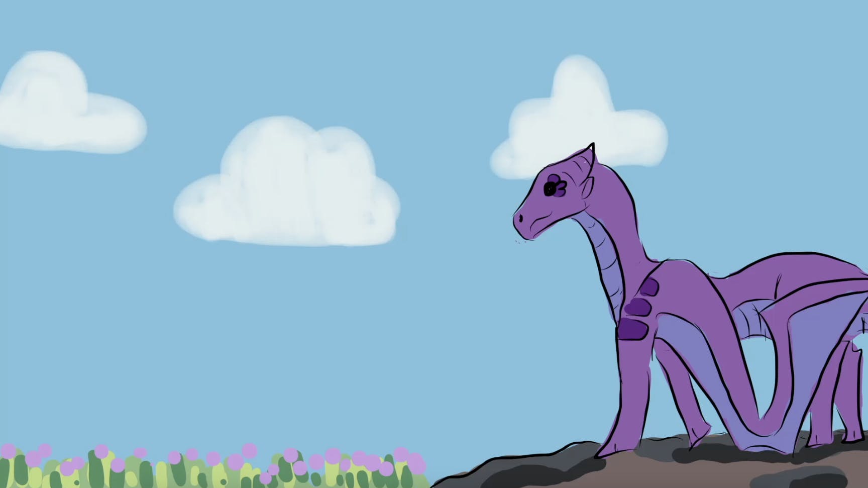 Illustration of a purple dragon on a rock overlooking a meadow