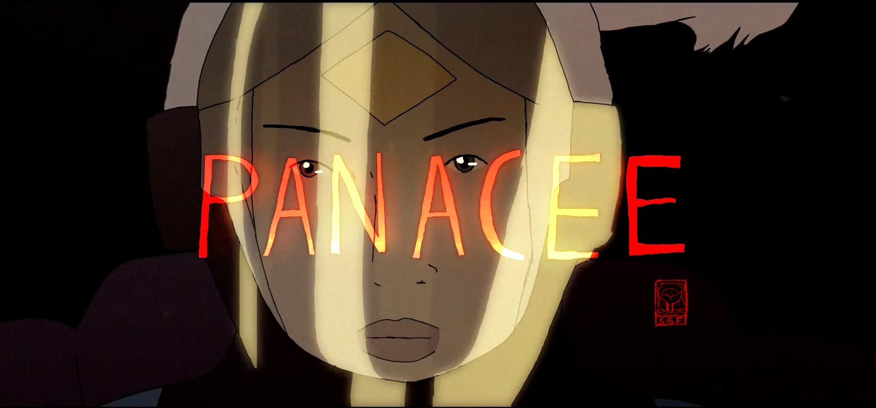 Title card for Jules Boulain-Adenis's Panacee. The word "PANACEE" is overlaying an illustration of a feminine face, that has a diamond on their forehead, dark skin, and wearing a helmet.