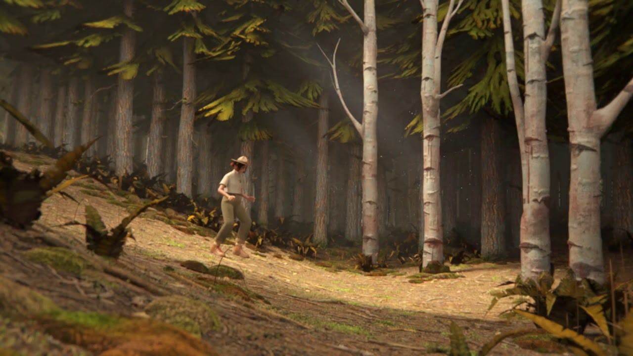 A park ranger walks carefully in the woods in a still from the short animation 100,000 Acres of Pine