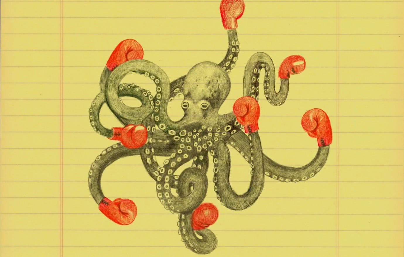 A pencil drawing on lined yellow paper depicting an octopus with bright red boxing gloves at the end of each tentacle