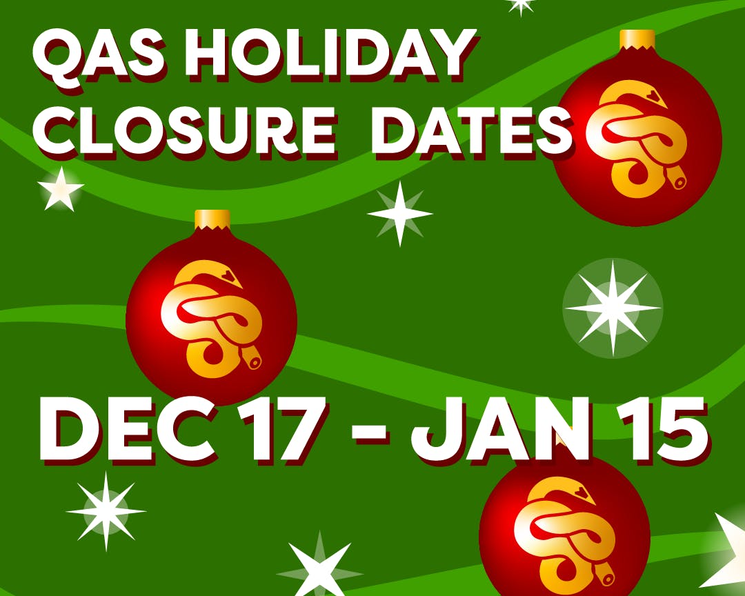 Text reads "QAS HOLIDAY CLOSURE DATES DEC 17 - JAN 15). The background is green, with white stars, and there are three Christmas ornaments with the Quickdraw logo on them