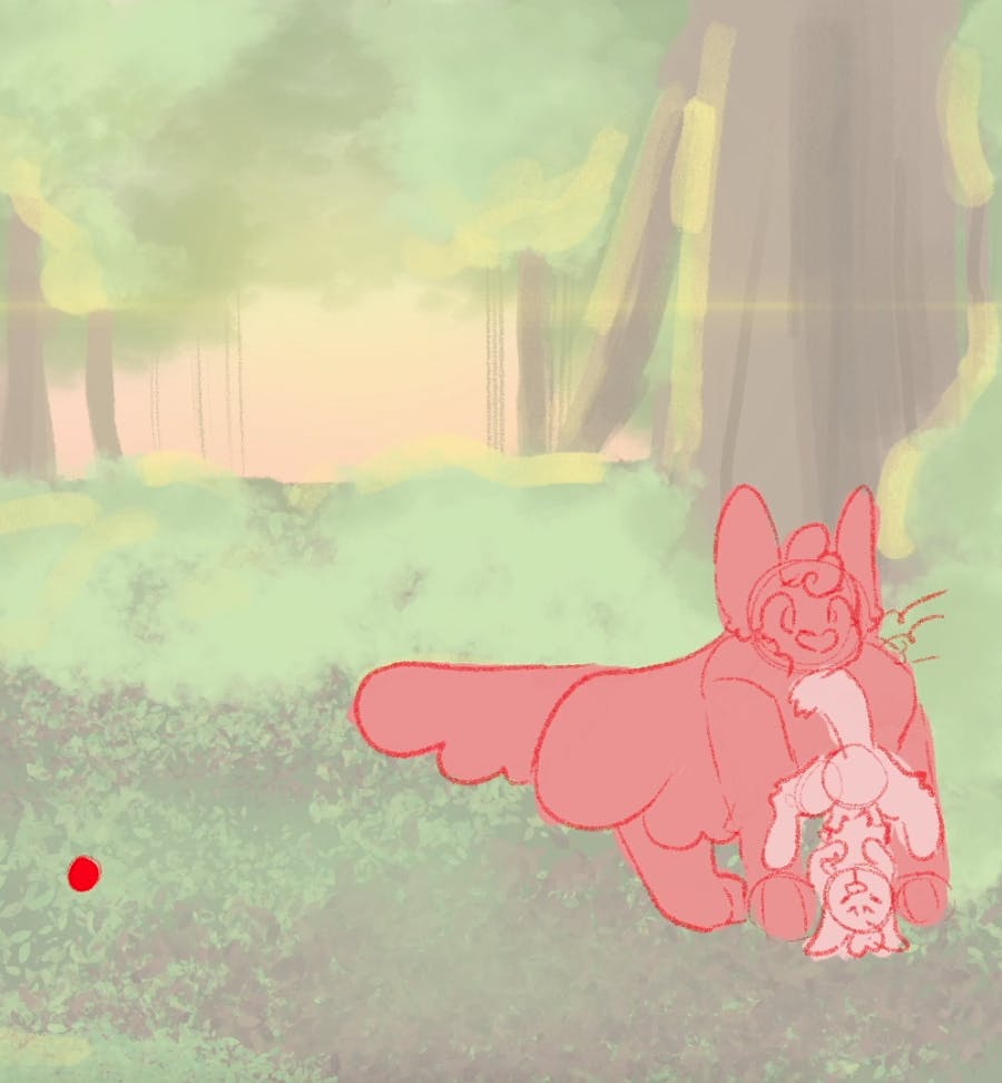 Illustration of two cats in a meadow. The larger cat, pink, is holding the smaller cat, light-pink by the tail in their  mouth