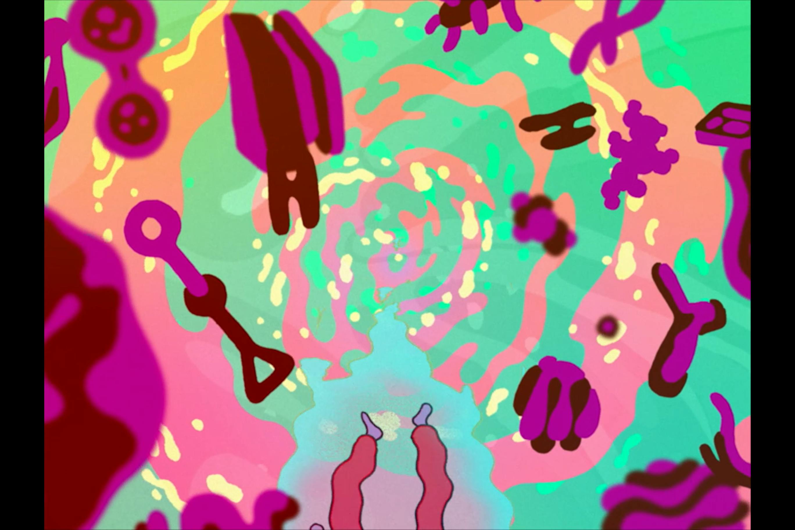 a POV shot of character looking into a portal. Th eportal is made up of colourful blobs of neon green, pastel yellow and a light salmon-pink. Intermingled in the portal are shapes made up of bright and dark pink blobs with vaguely tool-looking shapes. At the bottom of the frame you see the character's feet as they plummet into the portal. 