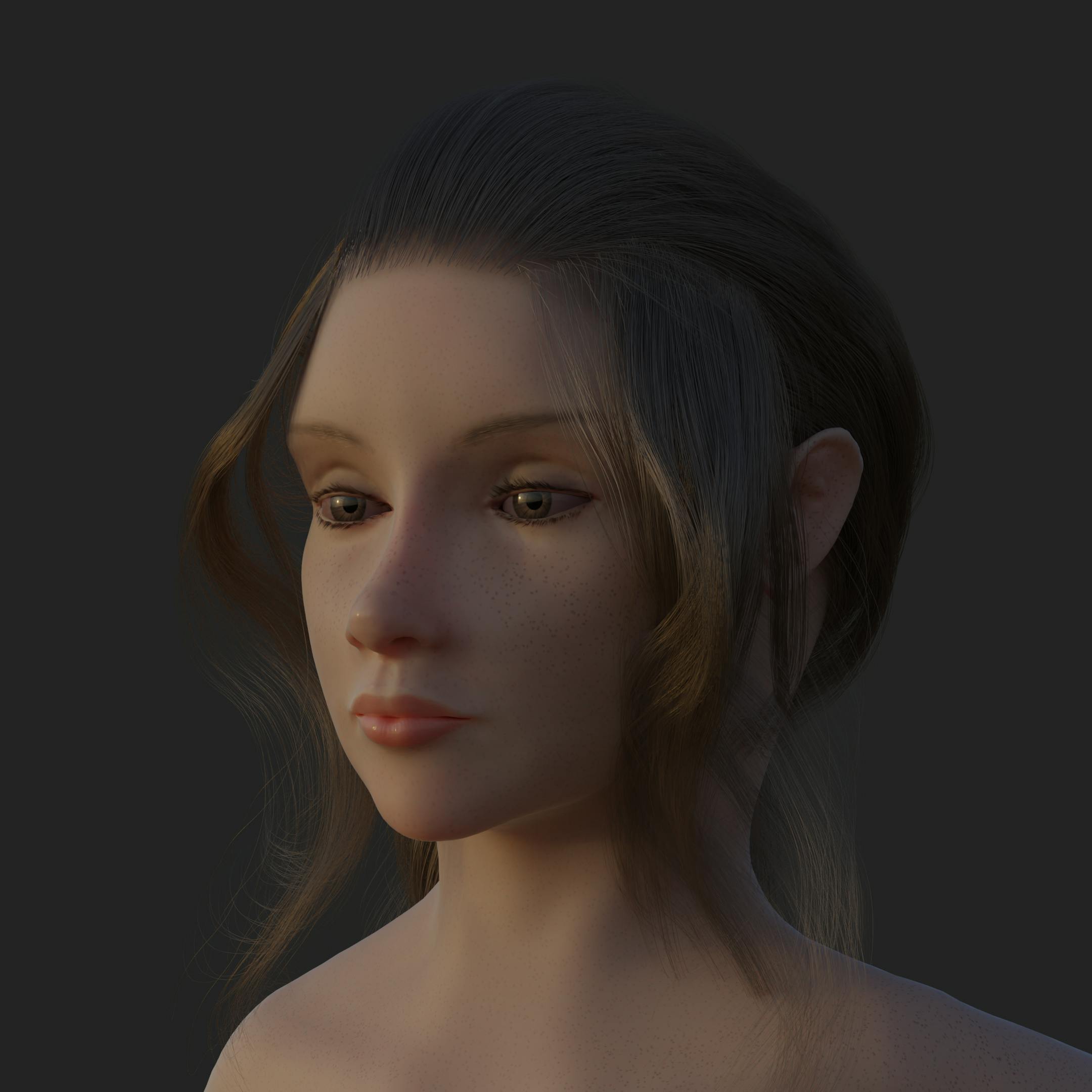 Render shot of a character model. The model is of a girl with brown hair and brown eyes