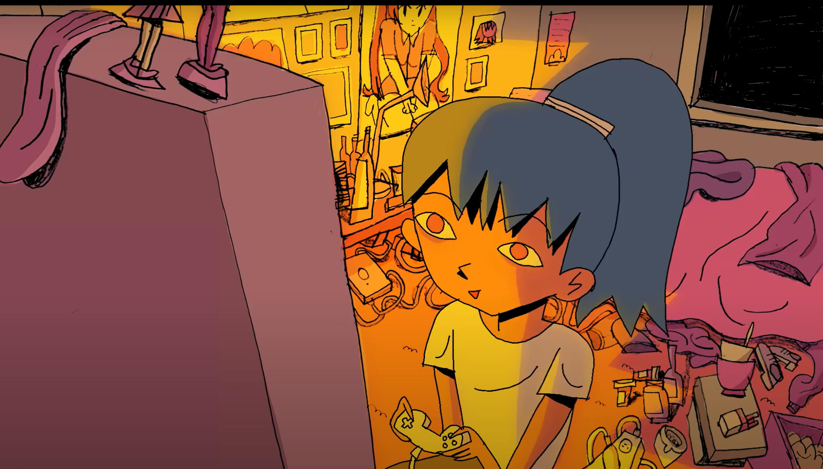 Screenshot of Victoria Vincent's Floatland (2018)
Image of a girl looking at a screen to the left of the frame. She has blue long hair in a ponytail and is holding a game controller. Behind her is a dirty room filled with clothing, bottles, posters, empty bowls, cigarettes and prescription bottles