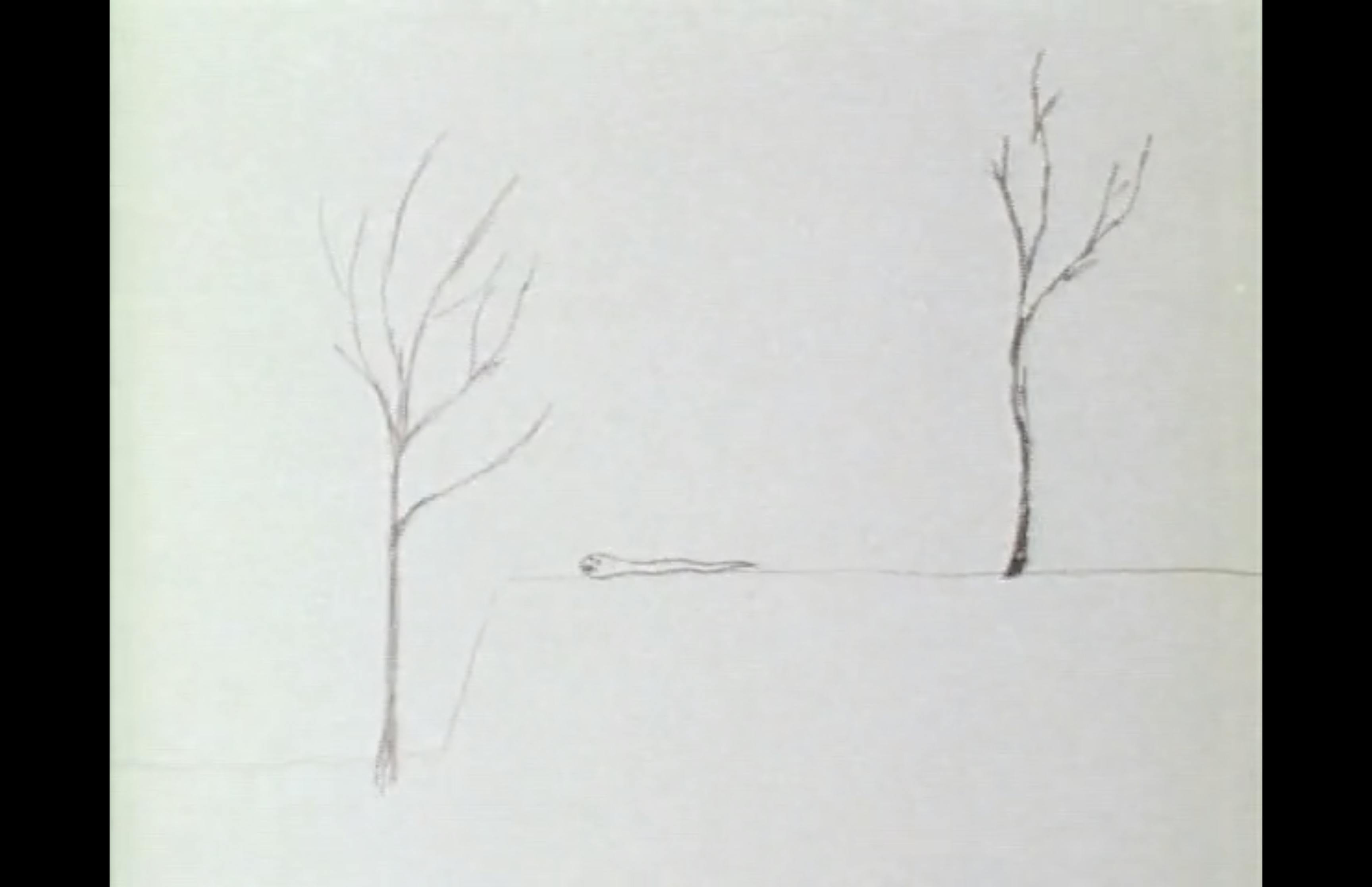A almost crude but adorable drawing of a snake on a cliff with two leaf-less trees on either side. Drawn with pencil on regular printer paper. From Becky James' Snake (2007)