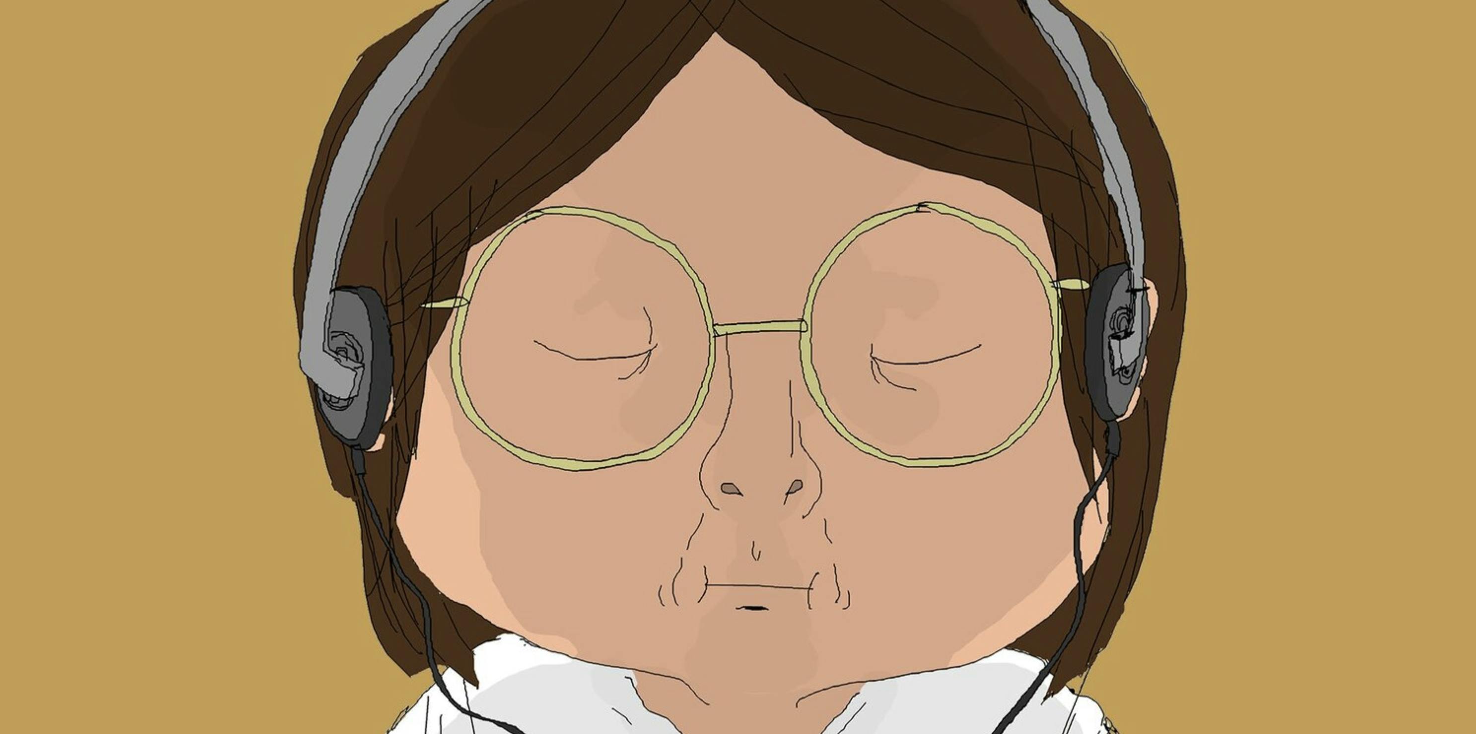 A boy with long brown hair and wiry glasses closes his eyes while listening to a pair of headphones.