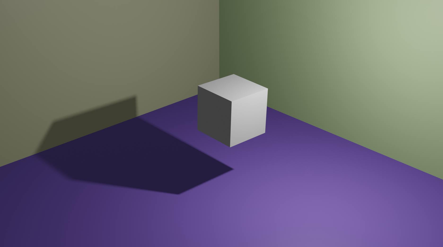 Simple 3D rendered scene with a purple floor, yellow walls and a cube floating in the middle