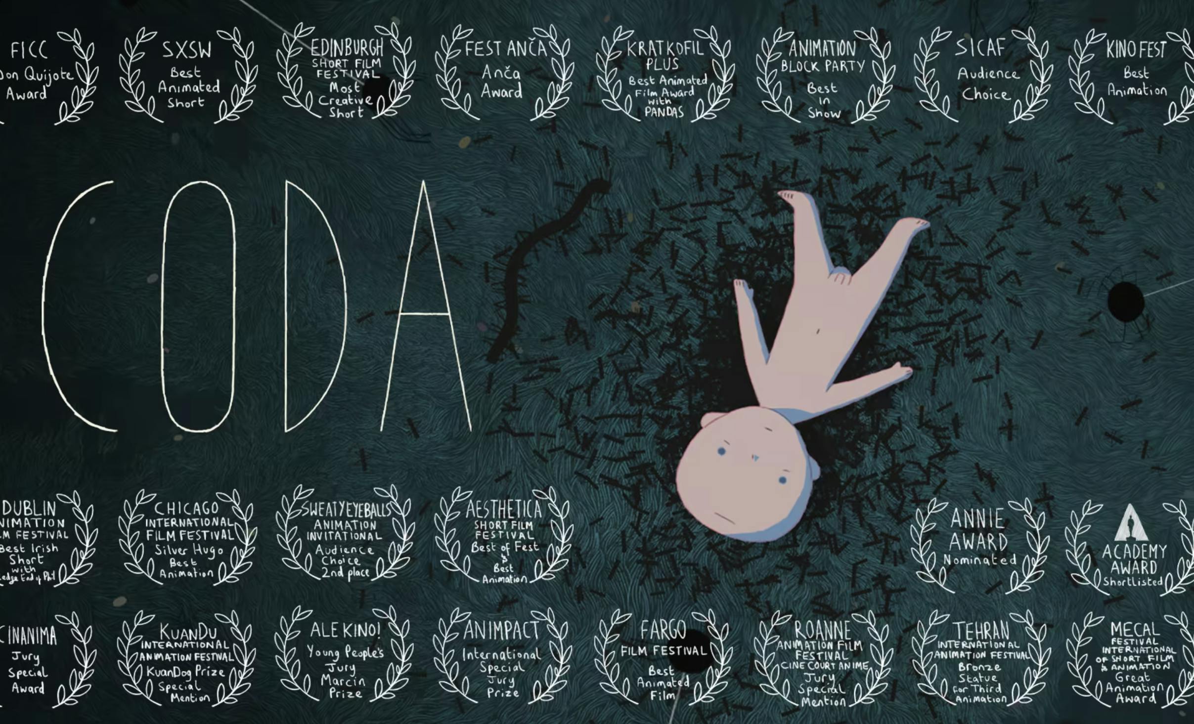 preview image for Alan Holly's Coda (2014). A dark green grassy background, with a nude character lying down, surrounded by black bugs. The title "CODA" is next to him, and the rest of the image is taken up by the various awards that "Coda" has won