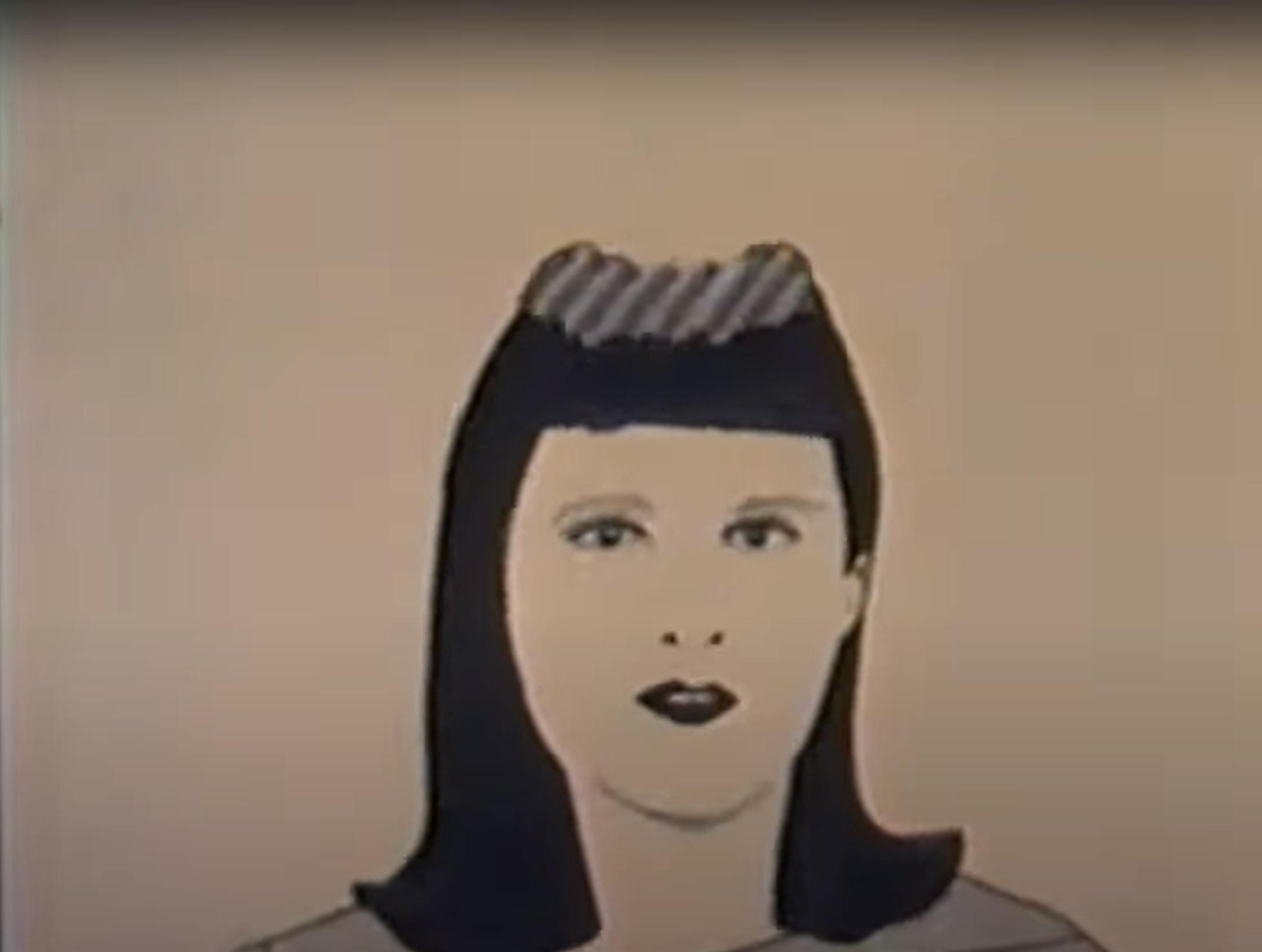 illustration of a woman with short black hair and wearing make up looking at the camera. The top of her head looks like there's a divot in it. 