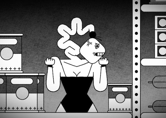 A ballerina with a grotesquely/cartoonishly broken neck looking angry