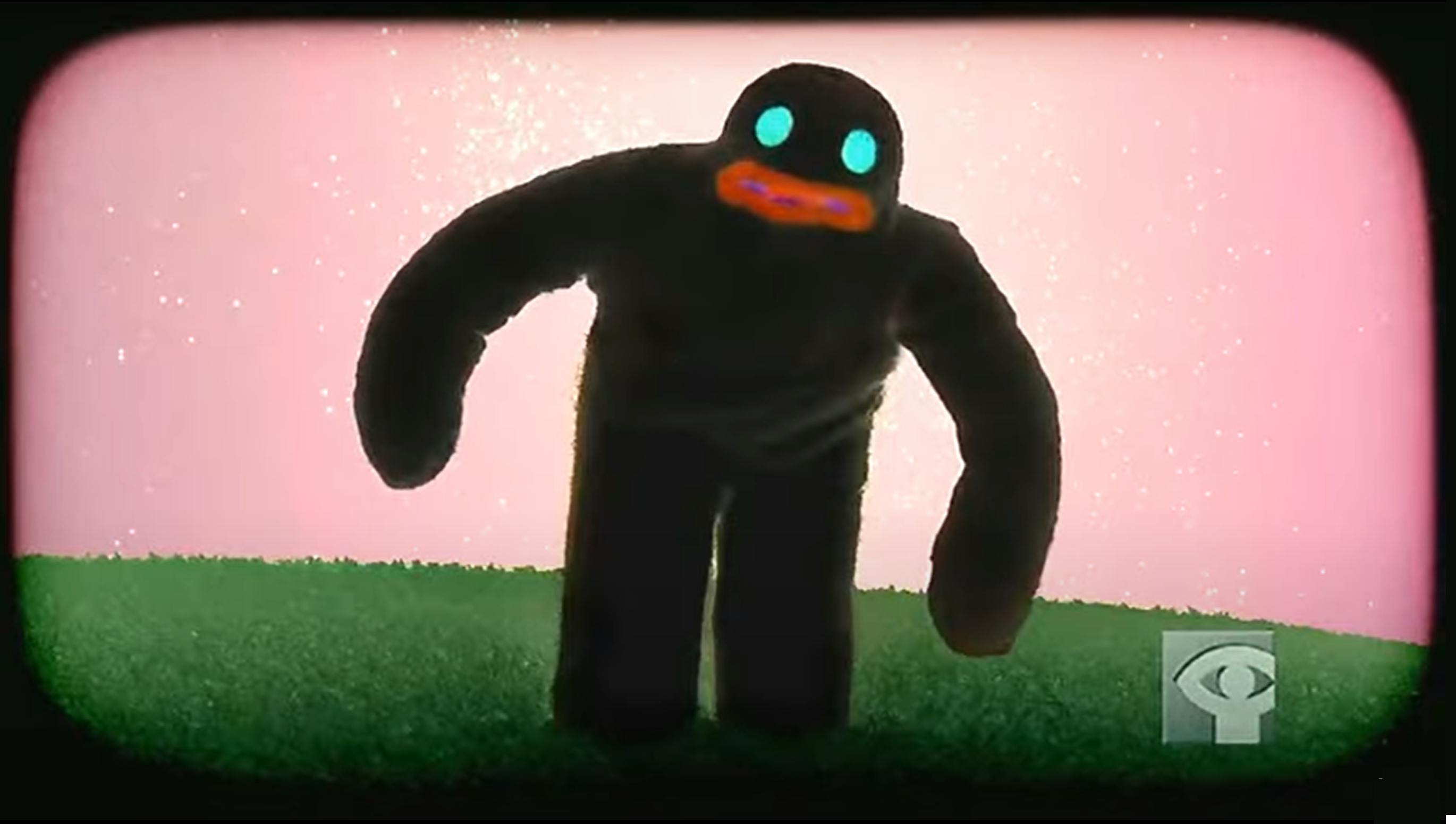 Image from Philip Eddoll's NFB film "Git Gob" - a creature with a black body, blue eyes and red lips looks questioning at the viewer through a vignette. They are in a field with a pink sky and green grass