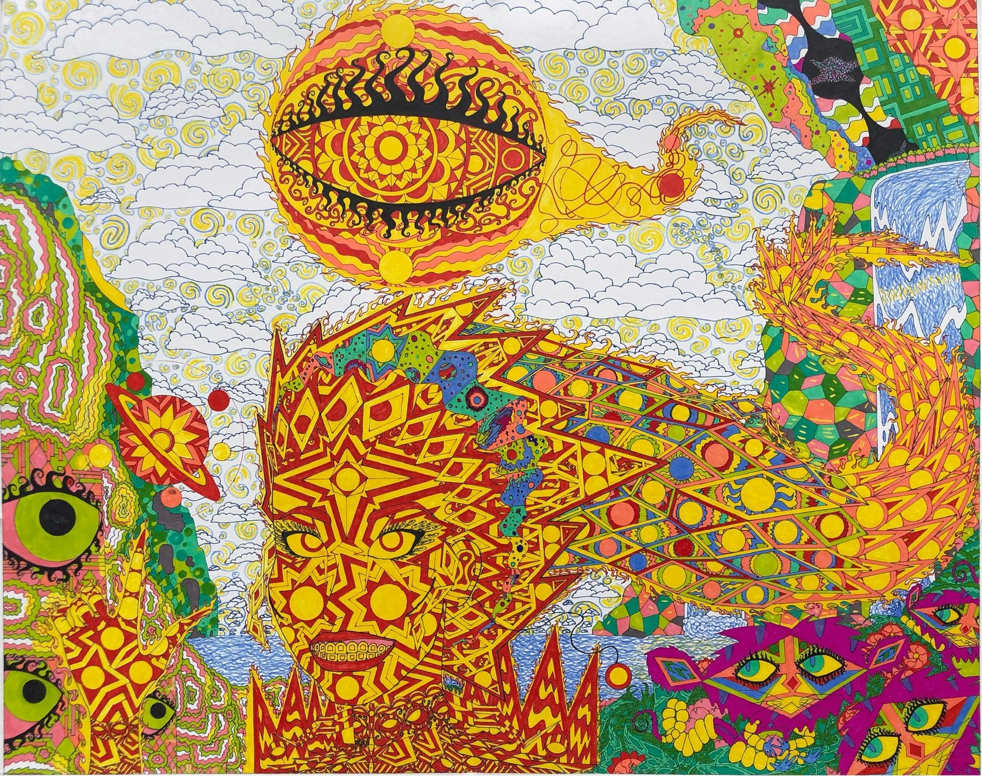 colourful coloured pencil drawing of a geometric landscape. In the middle of the sky there is an eyeball, and below it, a feminine face with long hair. All of the details are intersected with smaller mosaic-style illustrations. The colour scheme is vibrant, with yellow and red the most obvious tones