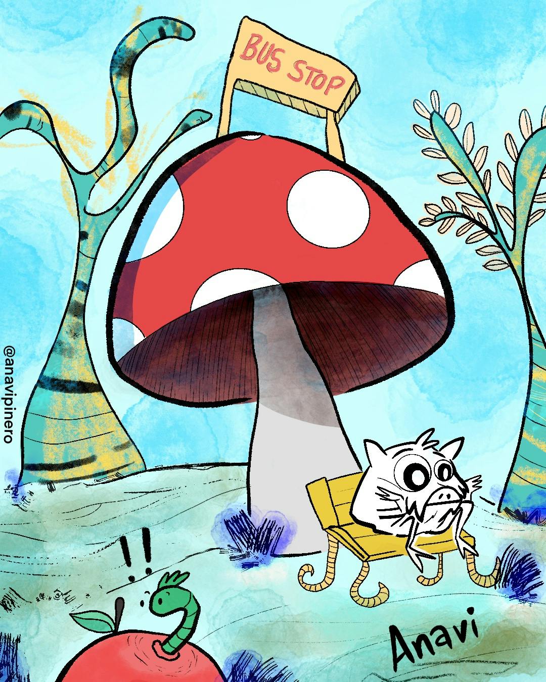 Paco sitting on a bench at a bus stop that is also a giant mushroom