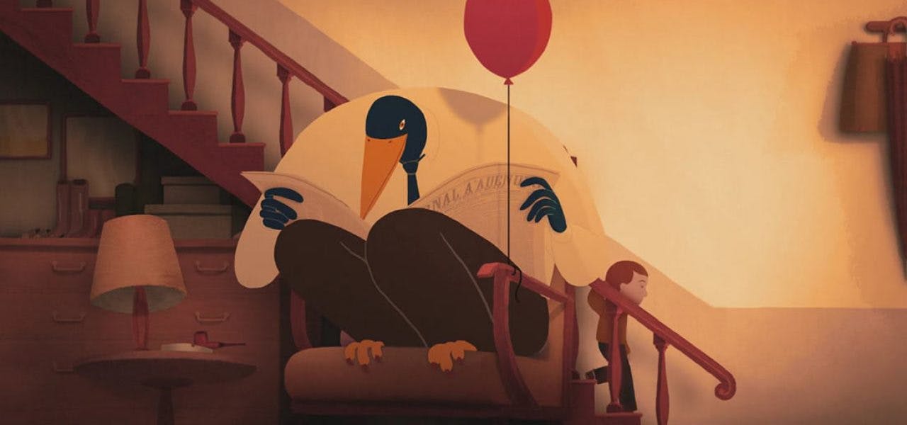 A large bird in business casual clothes reads a newspaper while perched on a chair. A red balloon is tied to the chair's arm. A child walks down a staircase behind him. 