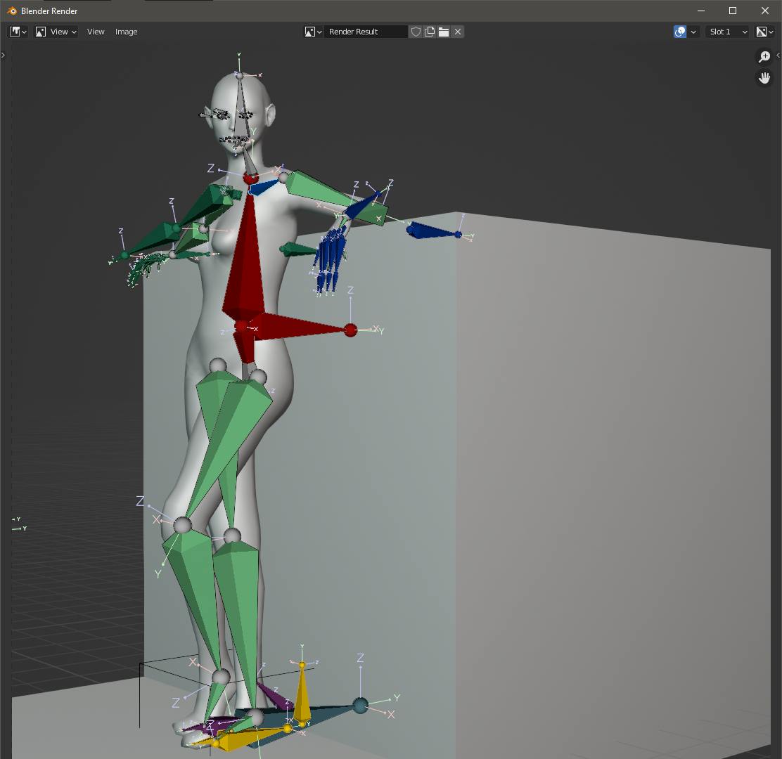 screenshot of Blender showing a rigged and modelled figure leaning against a surface. The rigged "skeleton" is shown
