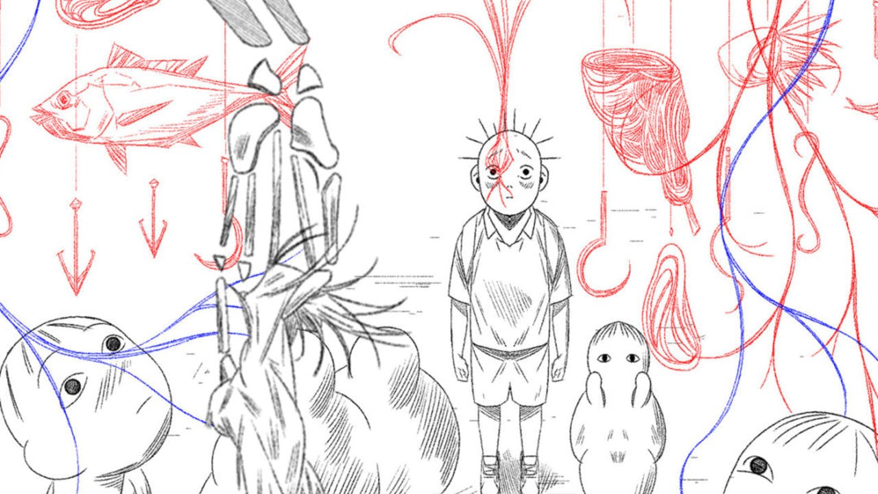 A line drawing of a child looking worried, staring straight forward, as other children look up. Other images are overlaid in red pencil, of fish hooks, a fish, a cut of meat, and what look like dead grassses.