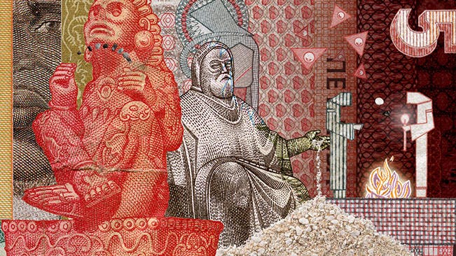 A collage of images from a variety of global currencies