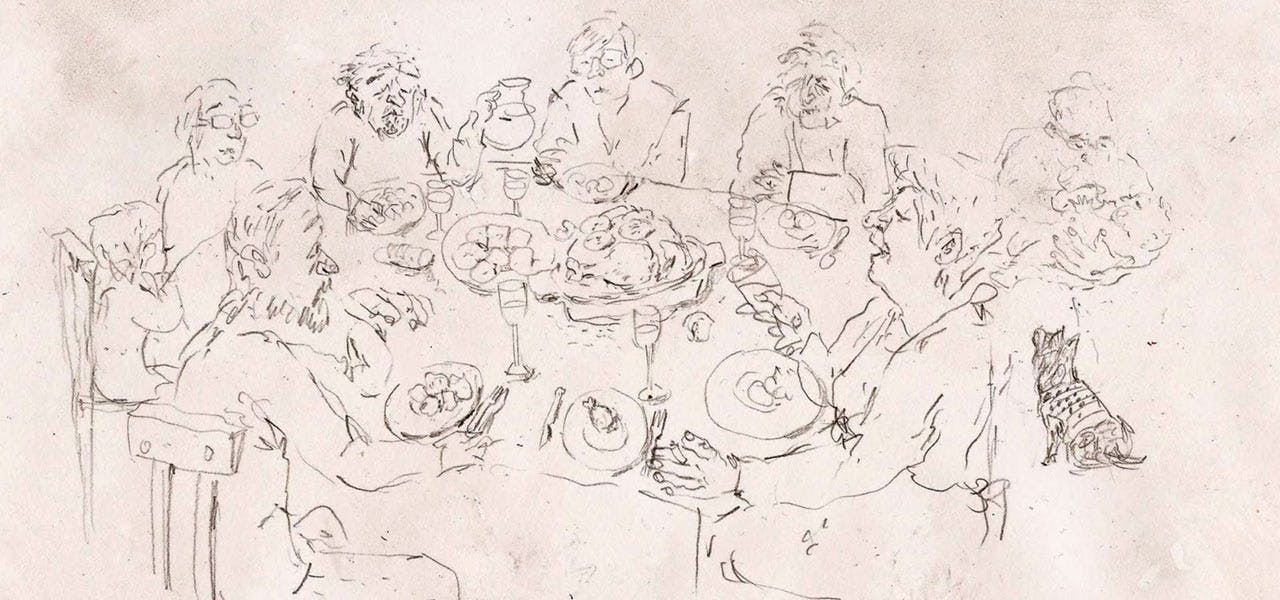 sketch of a family sitting around a table eating a turkey dinner. There are three-four elderly people, three adults, and two babies/children. There is a dog wearing a sweater on the floor, begging for food. From Laura Goncalves' Three Weeks in December (2013)