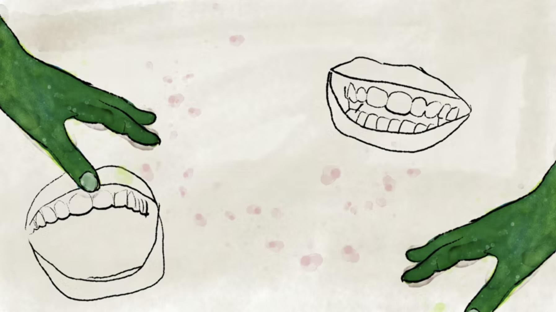 Two green hands and two line-drawing mouths on a background of slightly rumpled white paper, with pinkish splotches.