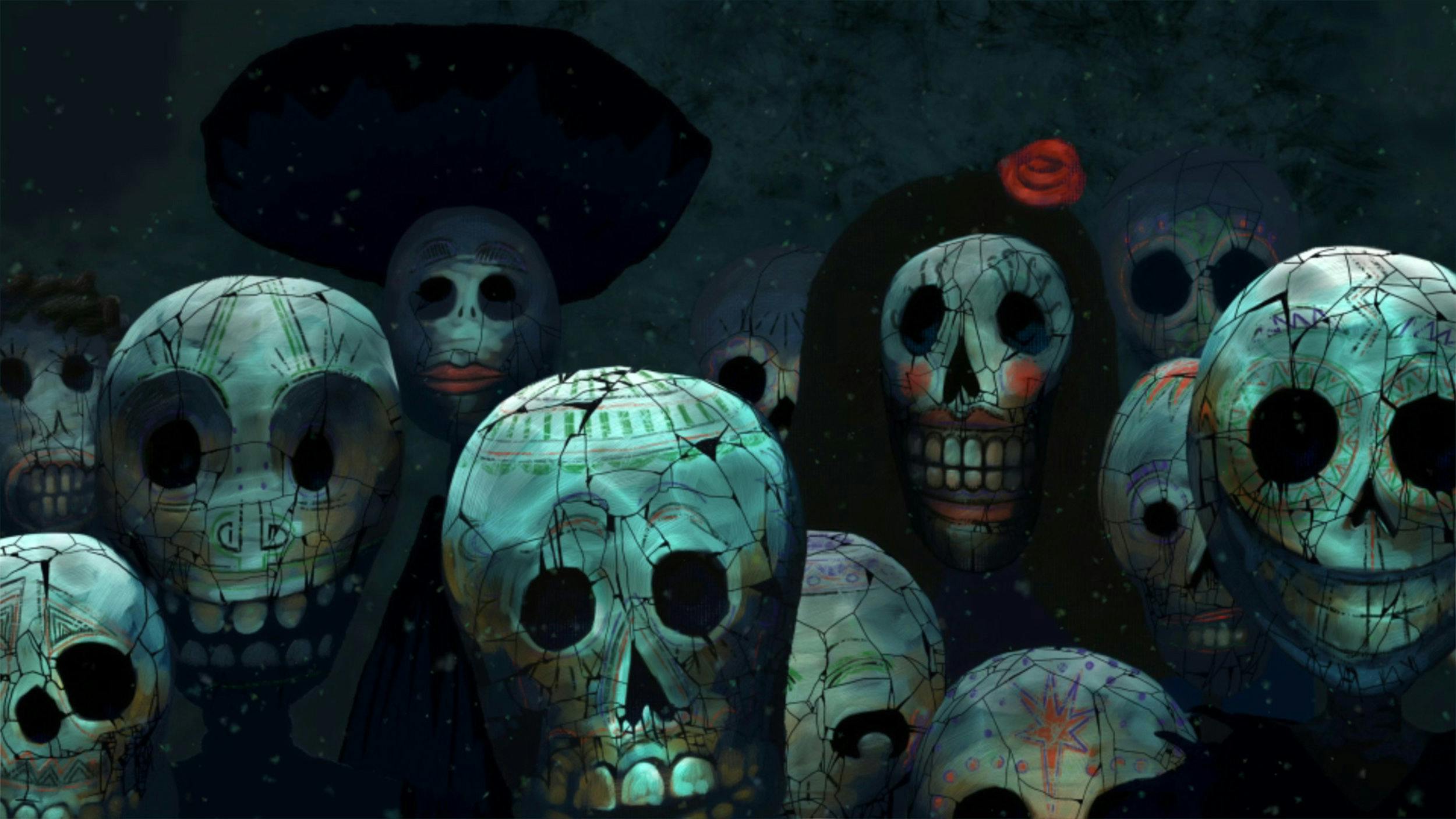 Dark blue tones, show a series of cracked skulls decorated with Day of the Dead imagery