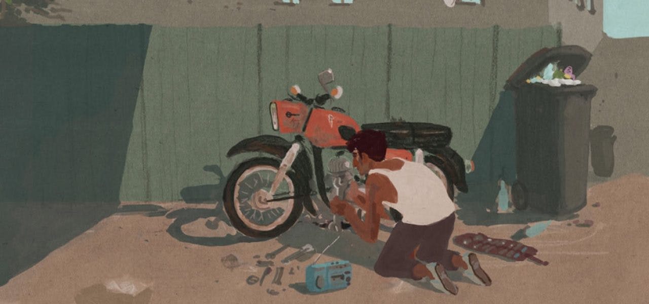 Painted illustration of a person kneeling to repair a motorbike.