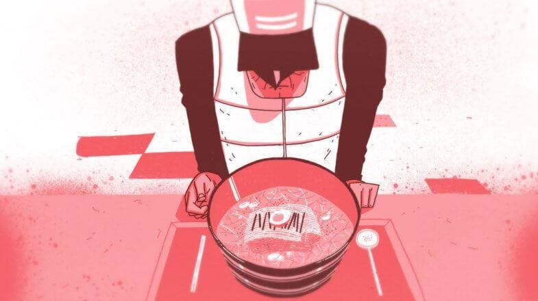 An illustration of a person in a trucker hat and vest staring at a bowl of ramen