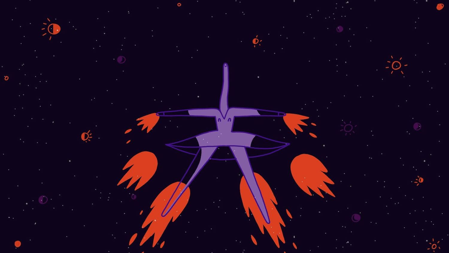 A purple character in a dress rockets through the stars, orange flames shooting from their hands and legs.