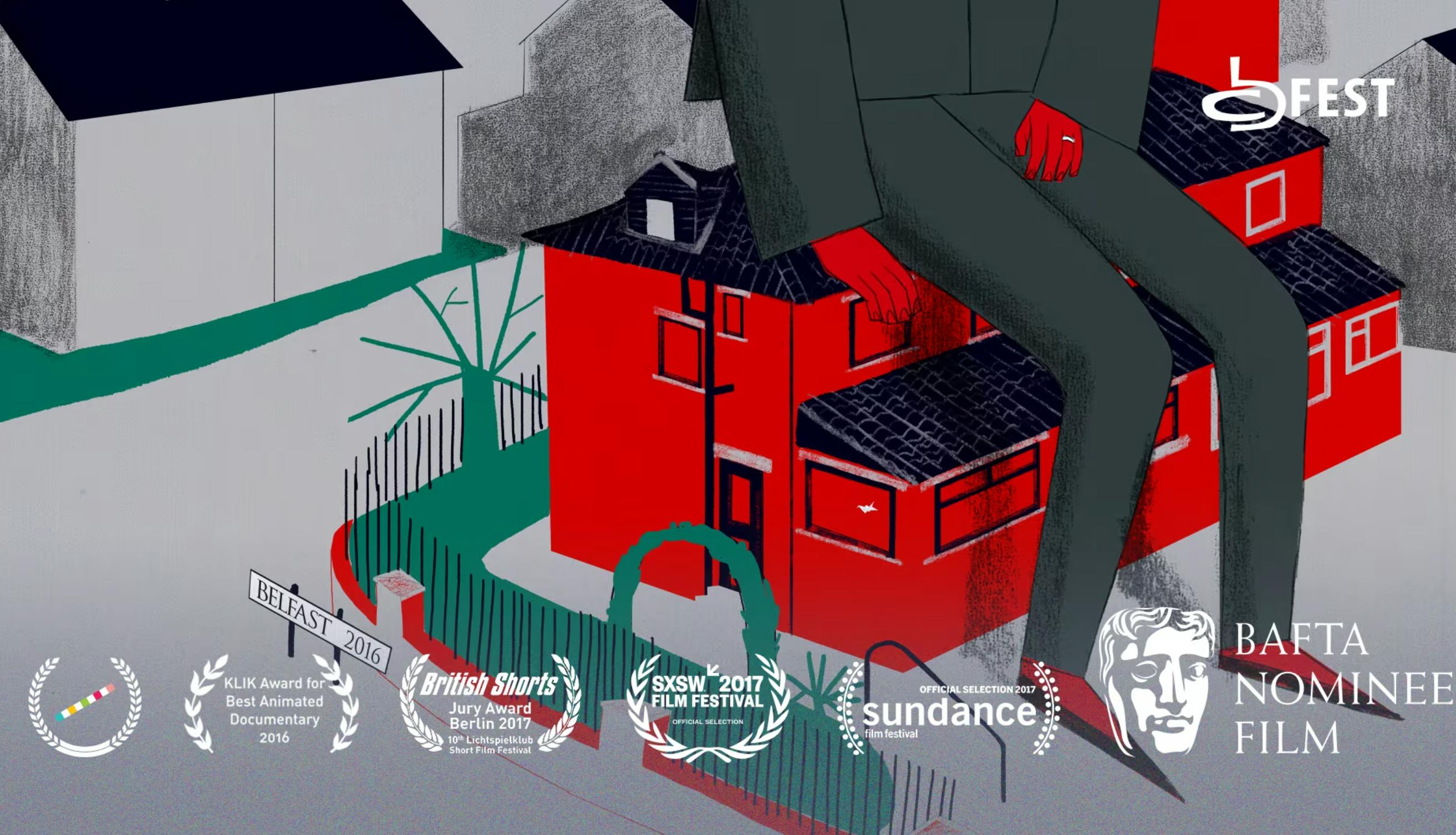 image from Jennifer Zheng's Tough (2016). Image of a house on a street in flat colours of green, grey, black and red. A figure wearing a wedding ring is large enough to sit on the house, but the image cuts off at their chest so there's no view of their face