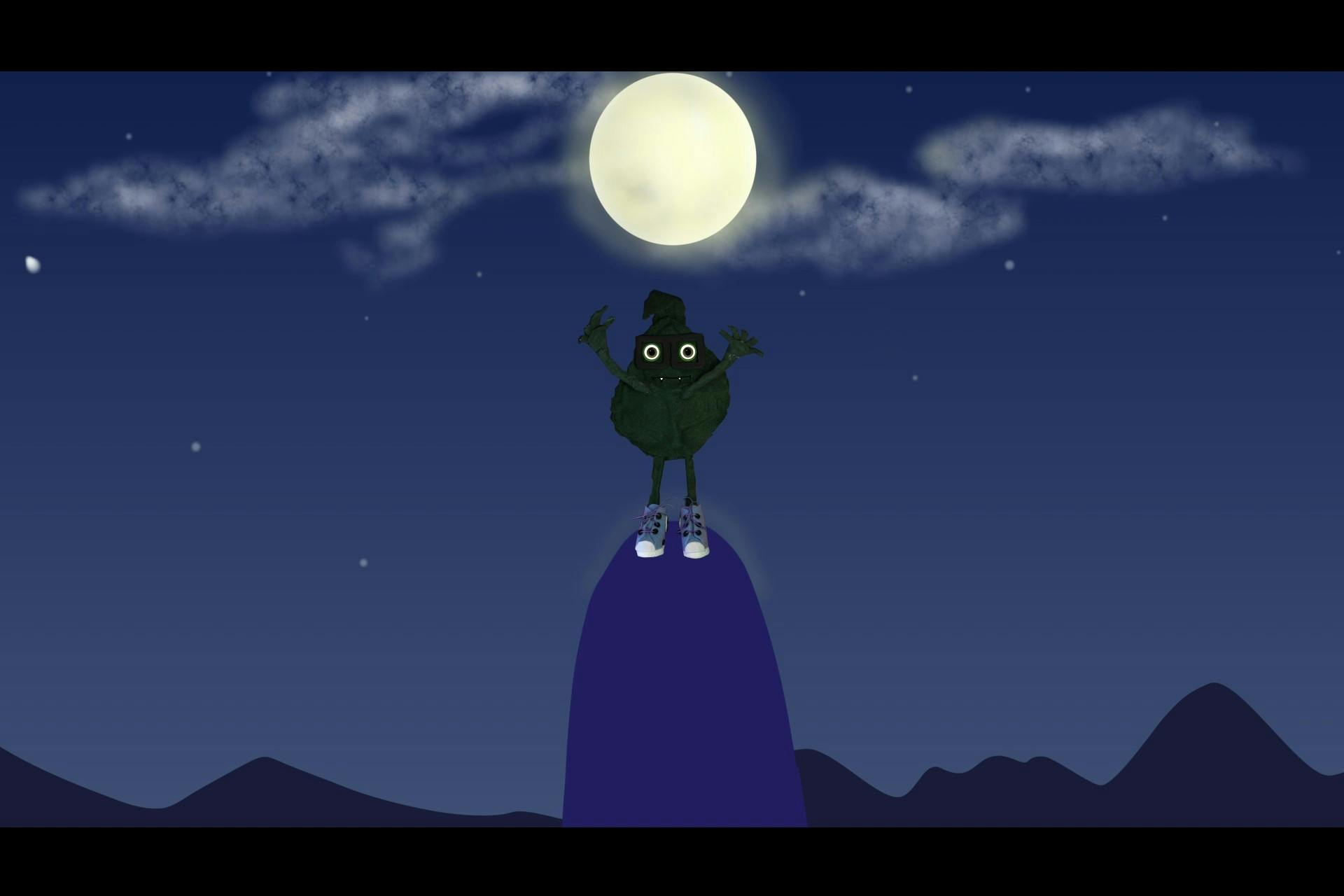 image of a piece of Kale with eyeballs and sneakers, with arms outstretched, standing on a mountain at night. He's looking at the camera