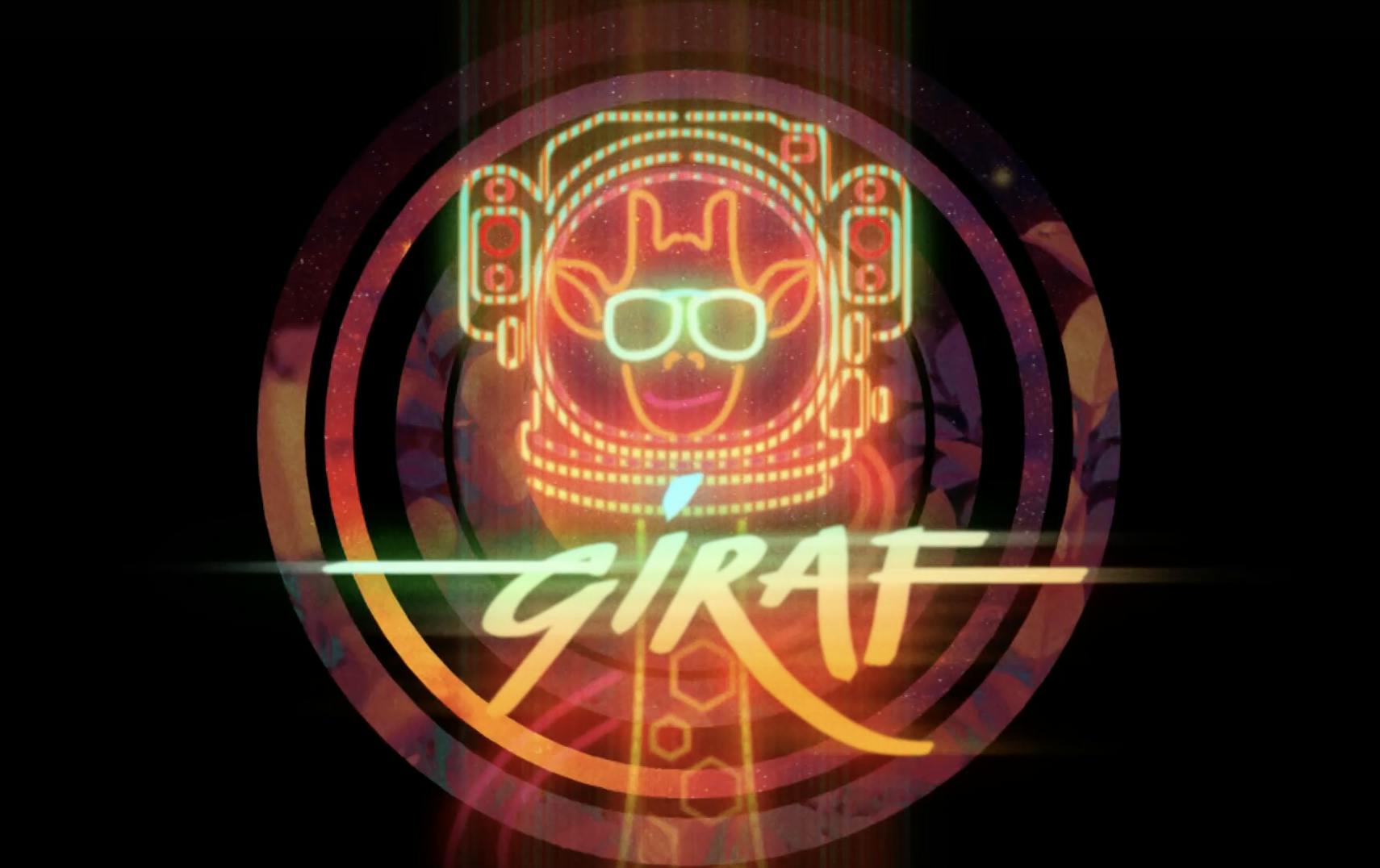 A neon-light giraffe, wearing sunglasses and a space helmet, in front of colourful concentric circles, with the word "GIRAF" written in stylized text.