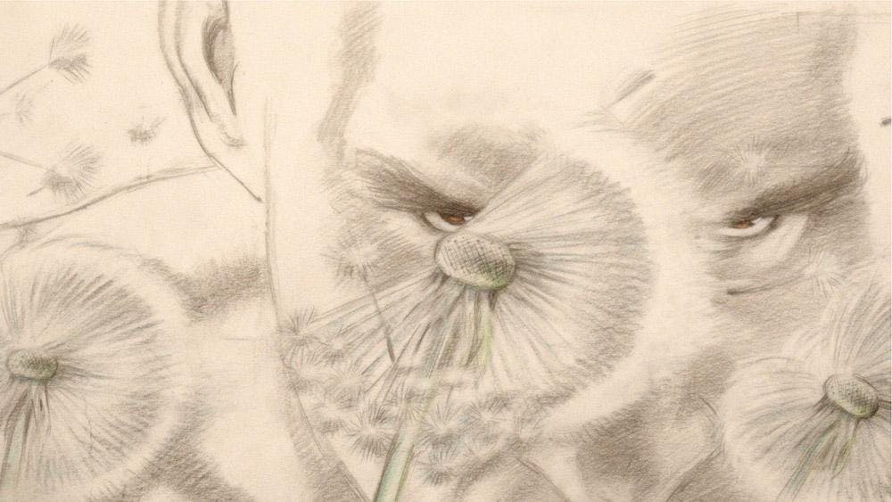 screenshot from Prologue (2015) by Richard Williams. A sketchy aesthetic of a man's angry face with blowing dandelion seeds in the foreground