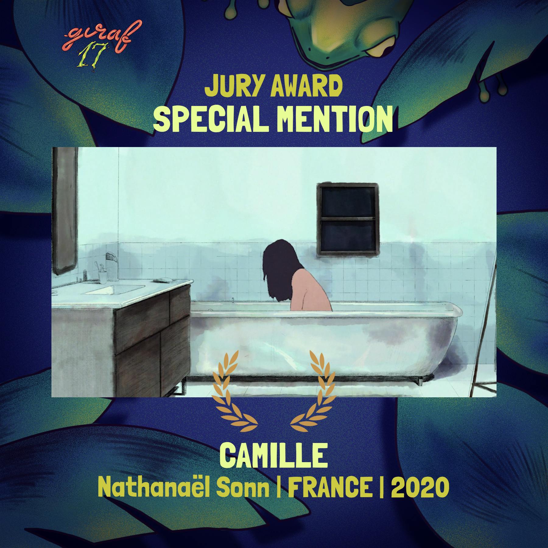 A person sits in a bathtub, their face hidden by their long hair. Surrounding text: GIRAF17 Jury Award; Special Mention; Camille; Nathanaël Sonn; France; 2020