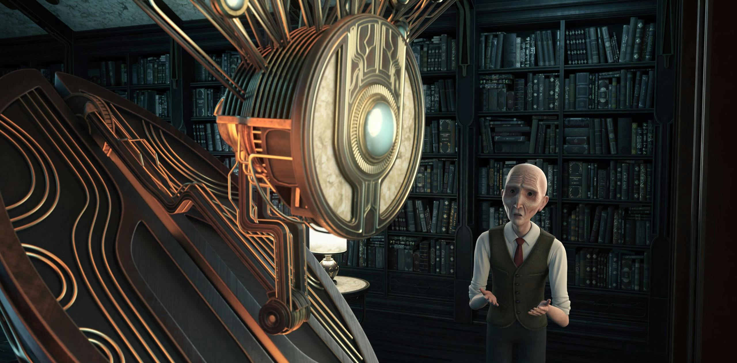 On old man in a white shirt, green vest and red tie speaks to an ornate, single-eyed robot. Behind them there is a wall of bookshelves densely packed with beautiful hard-backed books.