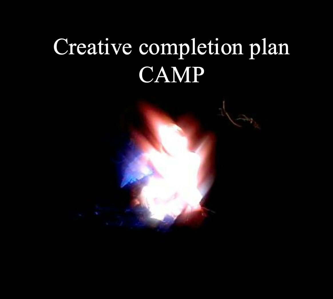 A woman haloed and abstracted in a red/blue glow on a black background, with white text "Creative completion plan CAMP"