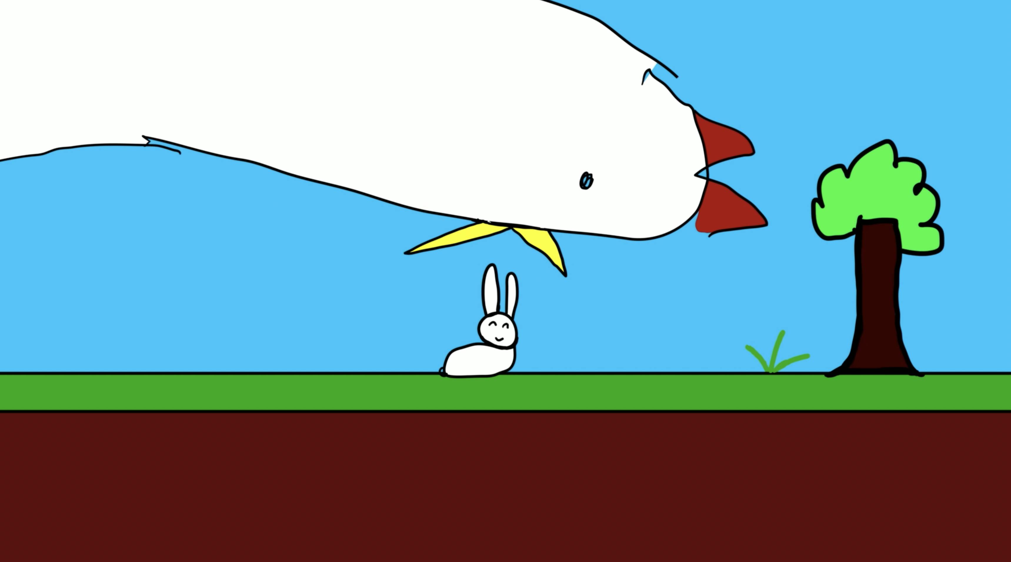 illustration of a bunny about to be eaten by a giant chicken. Joey H teen camp 2023