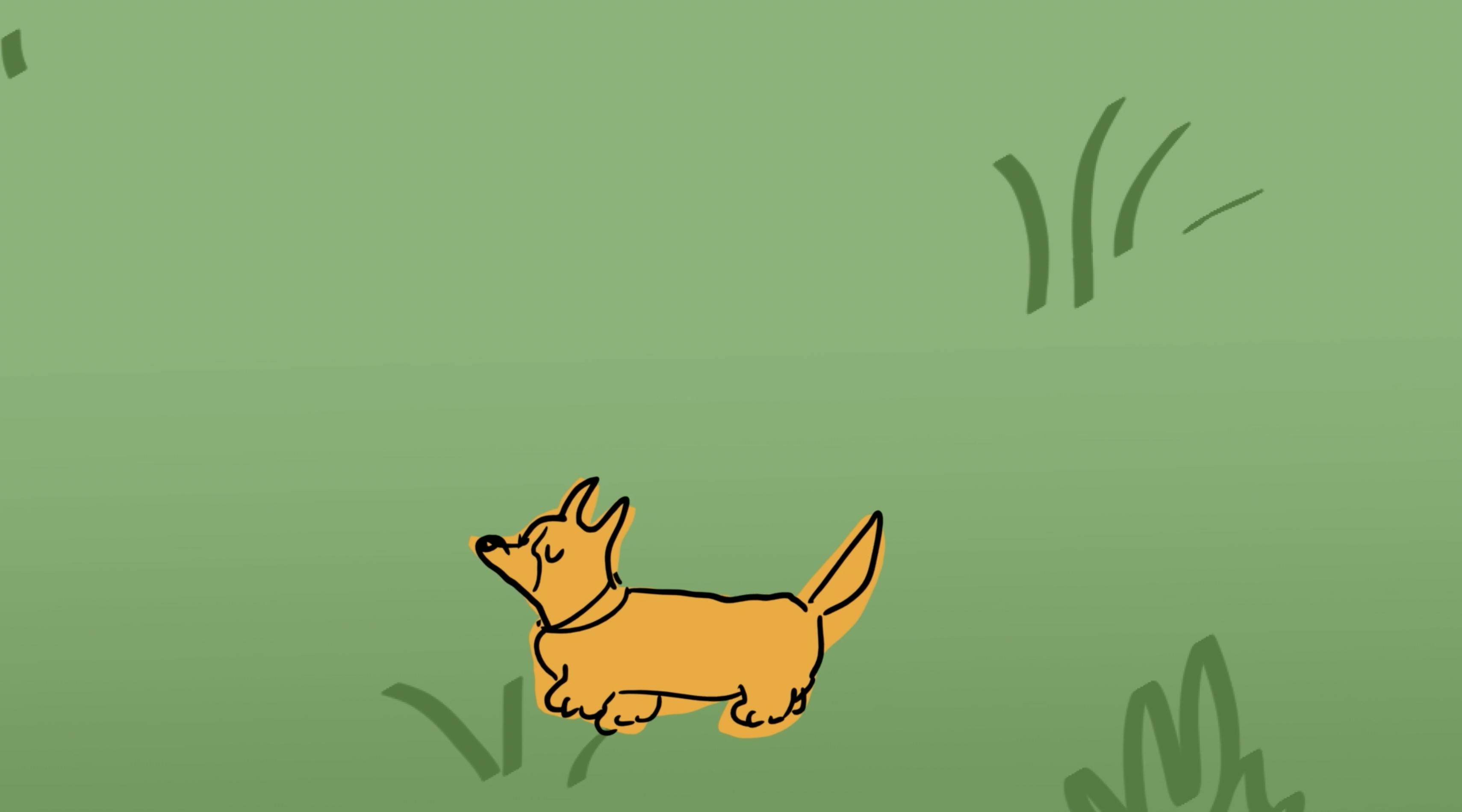grass background, drawing of a corgi walking with his nose in the air and eyes closed. 