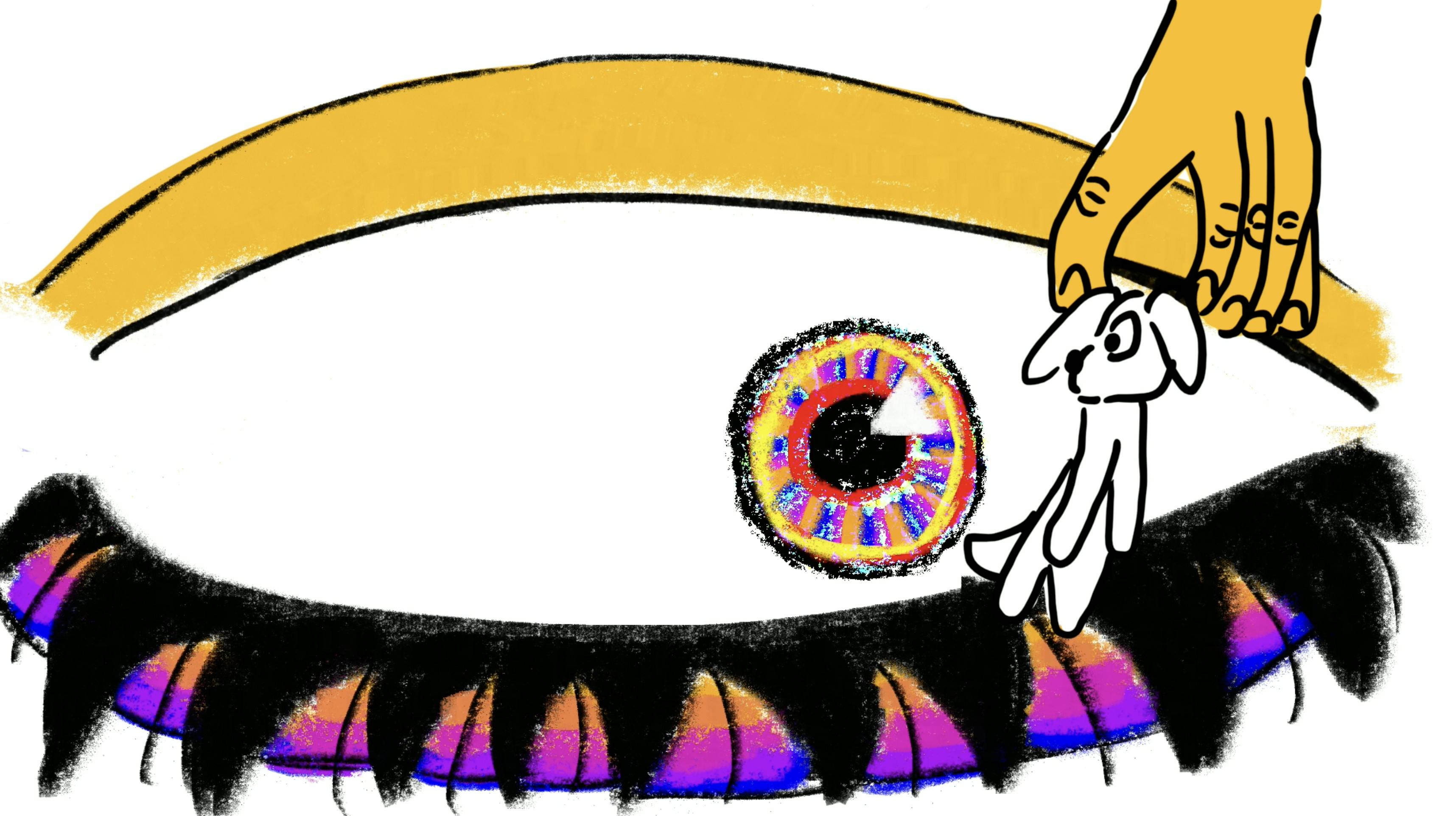 drawing of a giant eye looking at a dog being held up by a hand. Violet B teen camp 2023