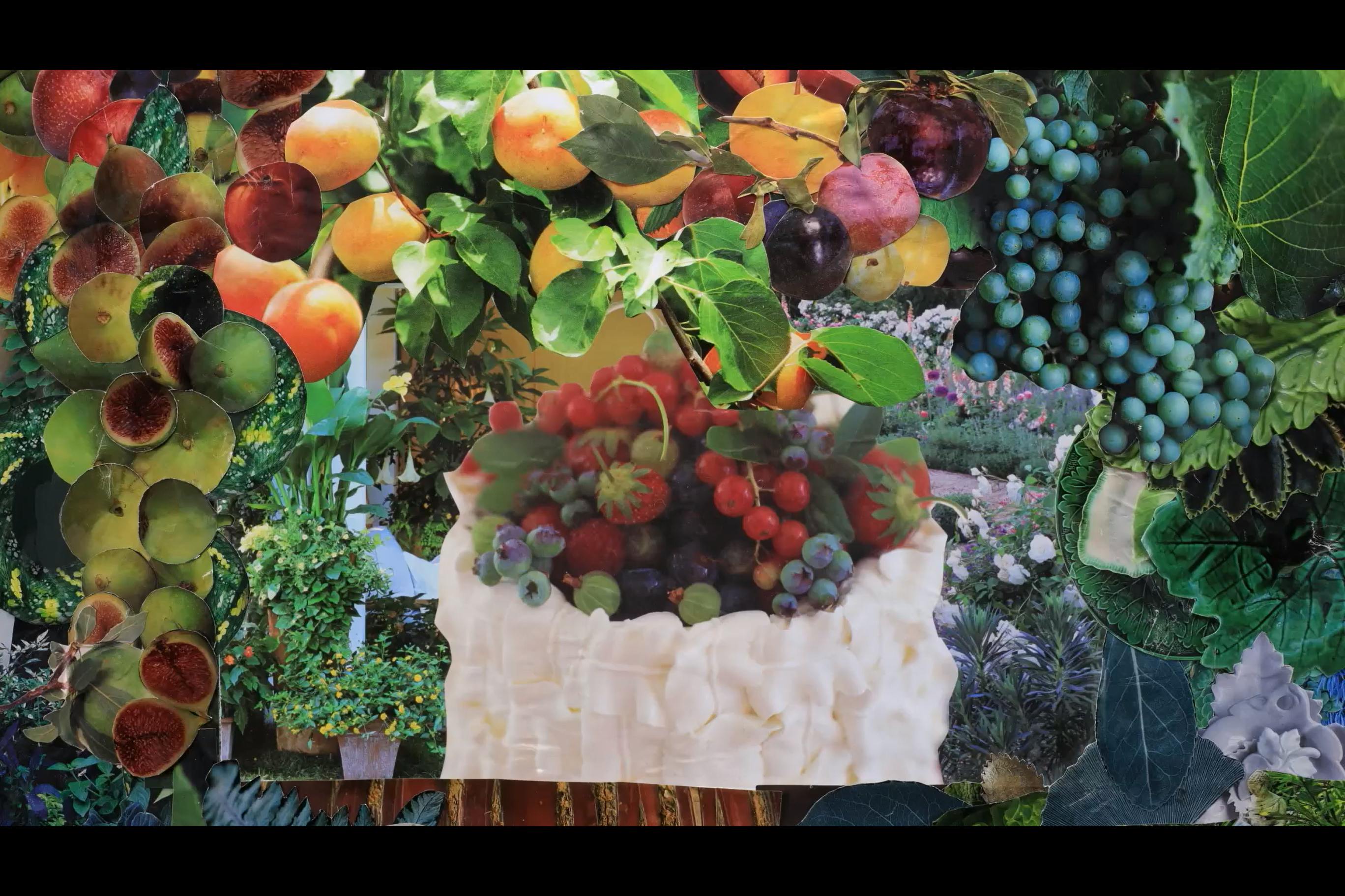 Collage of various fruits and vegetables. Le Jardin des Delices Genvieve Dale Dean Mang-Wooley (2022)