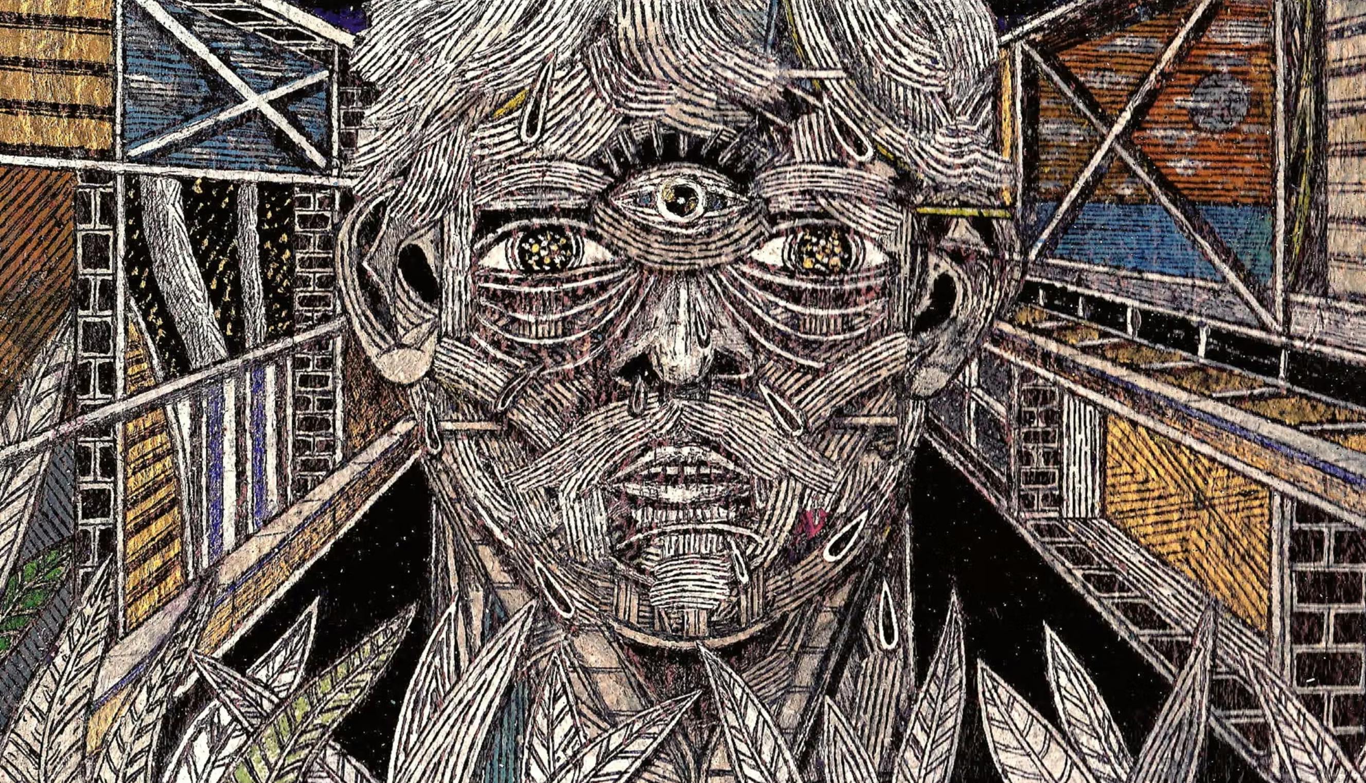 Detailed illustration of a face with three eyes looking at the camera. In the background there are various walls and doors/windows. From Headspace by Jack Fried (2014)