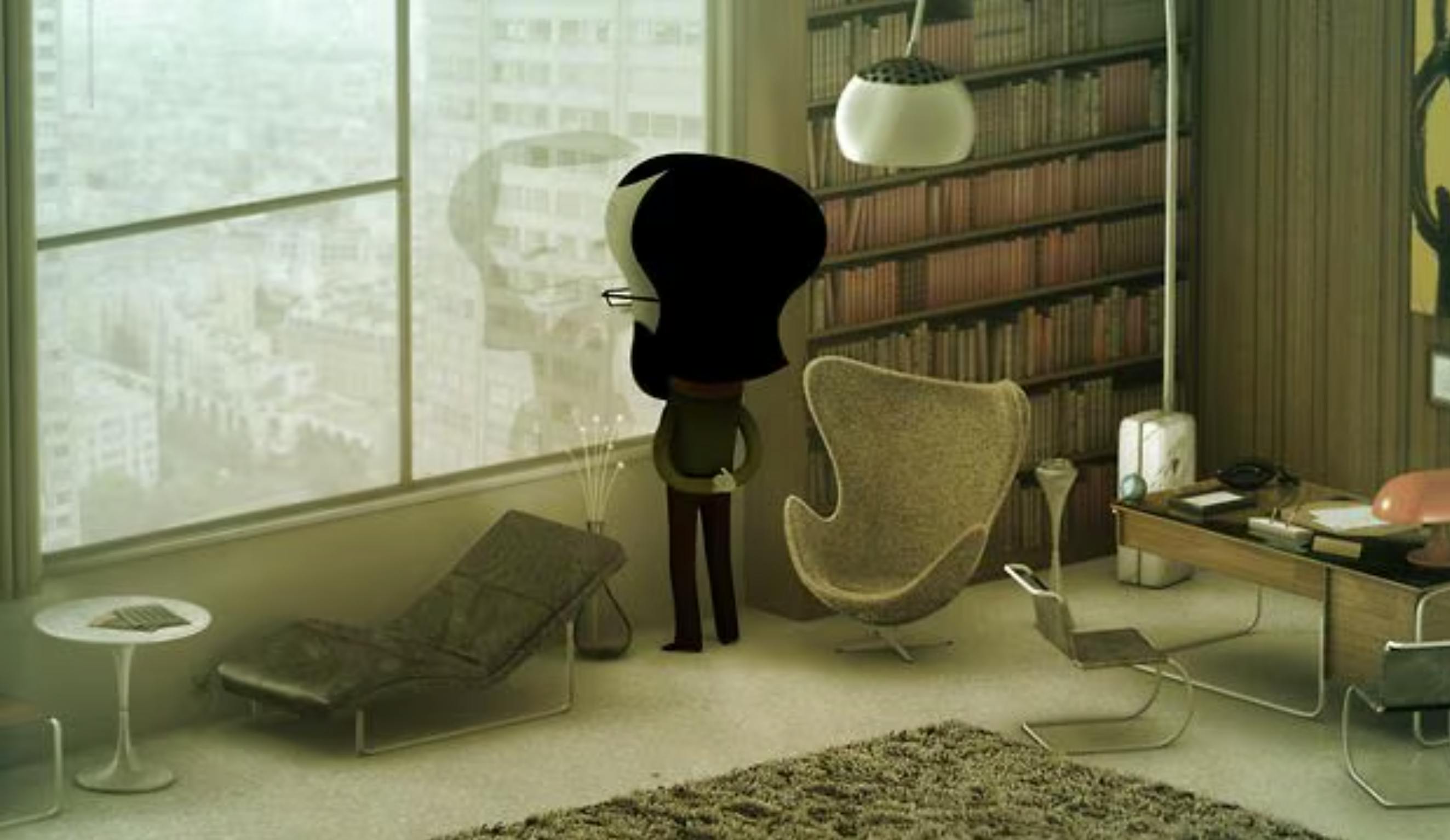 3d rendered image of an office in a high tower. There is a bookcase to the right of a very large window. In front of the window is a man, looking out of the window. He has a lightbulb-shaped head, glasses, and has his arms behind him as he contemplates. from Jeremy Clapin’s Skhizein (2008)