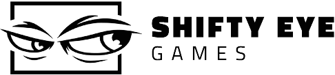 logo for Shifty Eyes Games. Image is of cartoon eyes shifty looking to the right in a black box