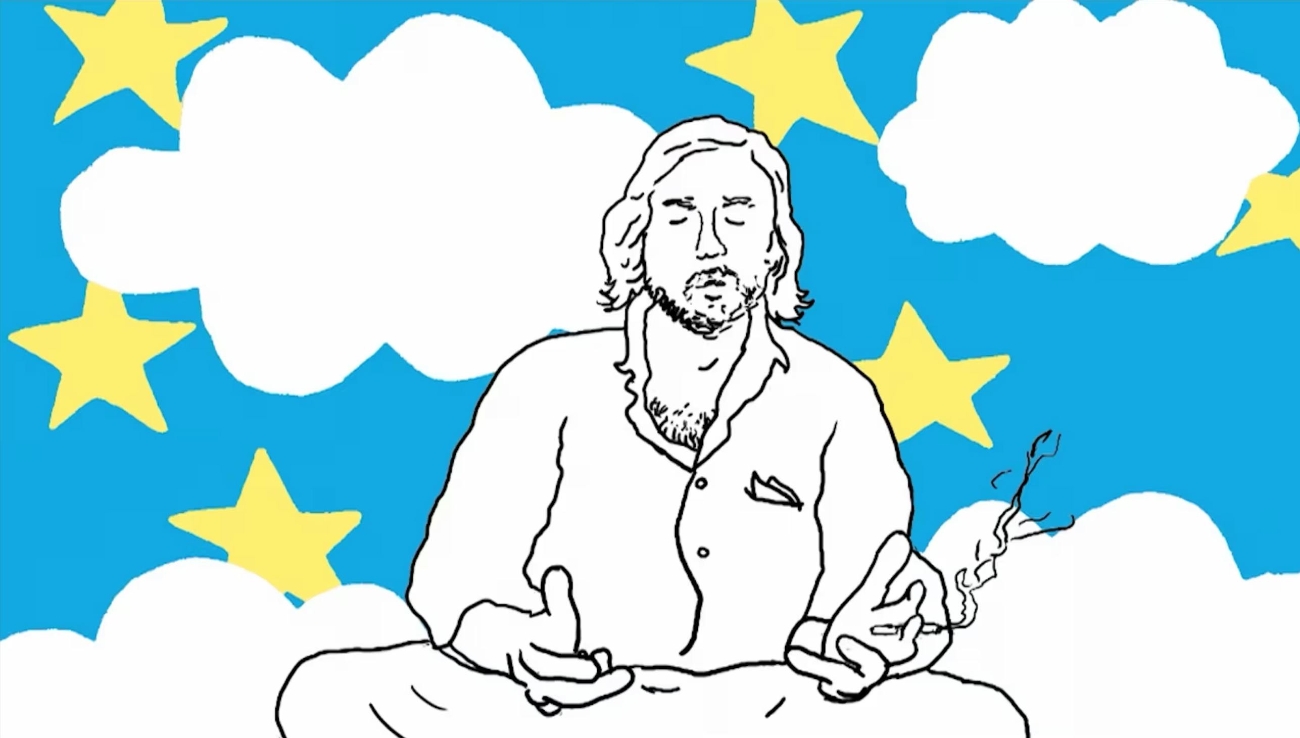 illustration of Chris J Melnychuck in front of stars and clouds. 