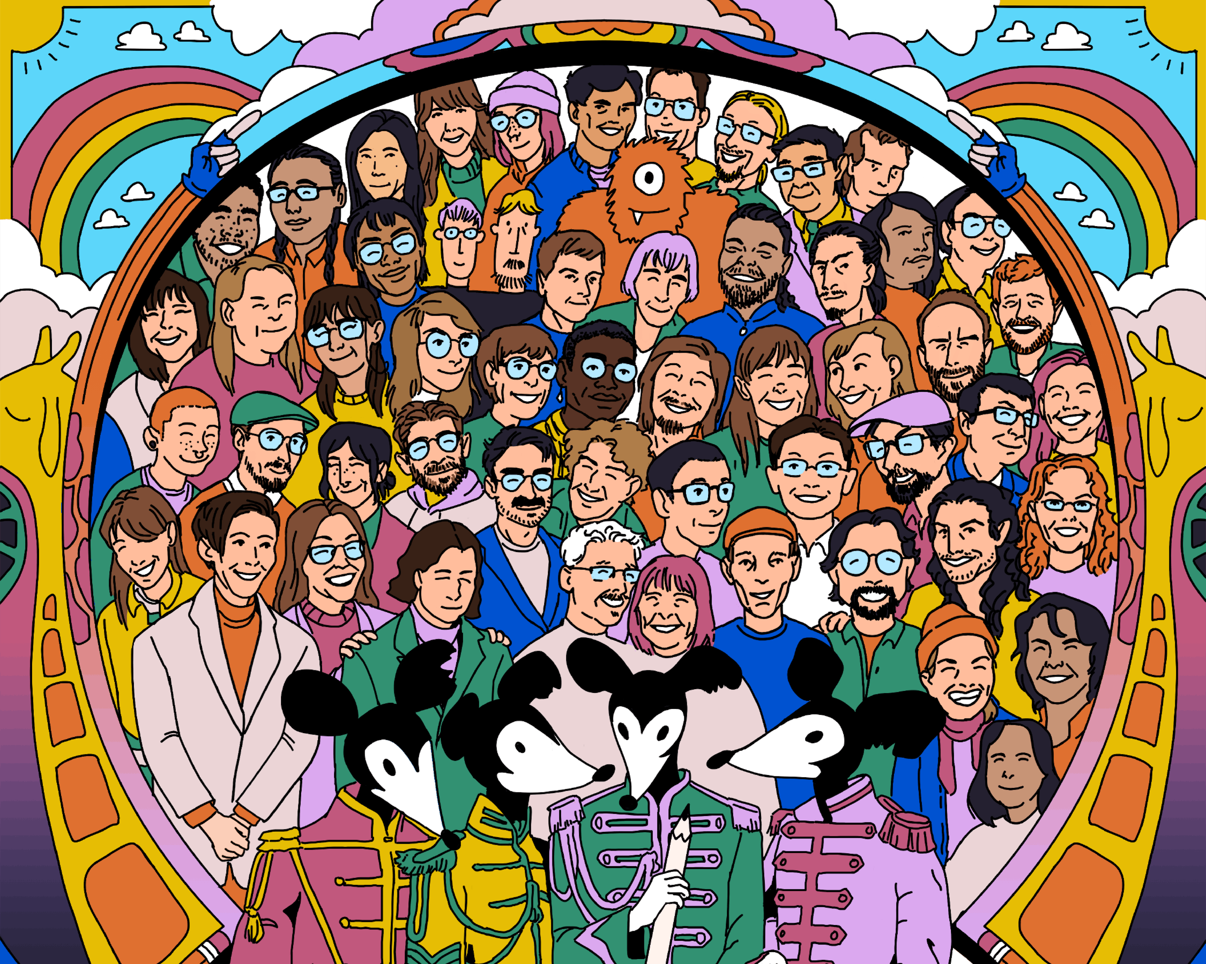 illustration of various members of the Quickdraw Animation Society - promotional poster image for the 40th anniversary reunion