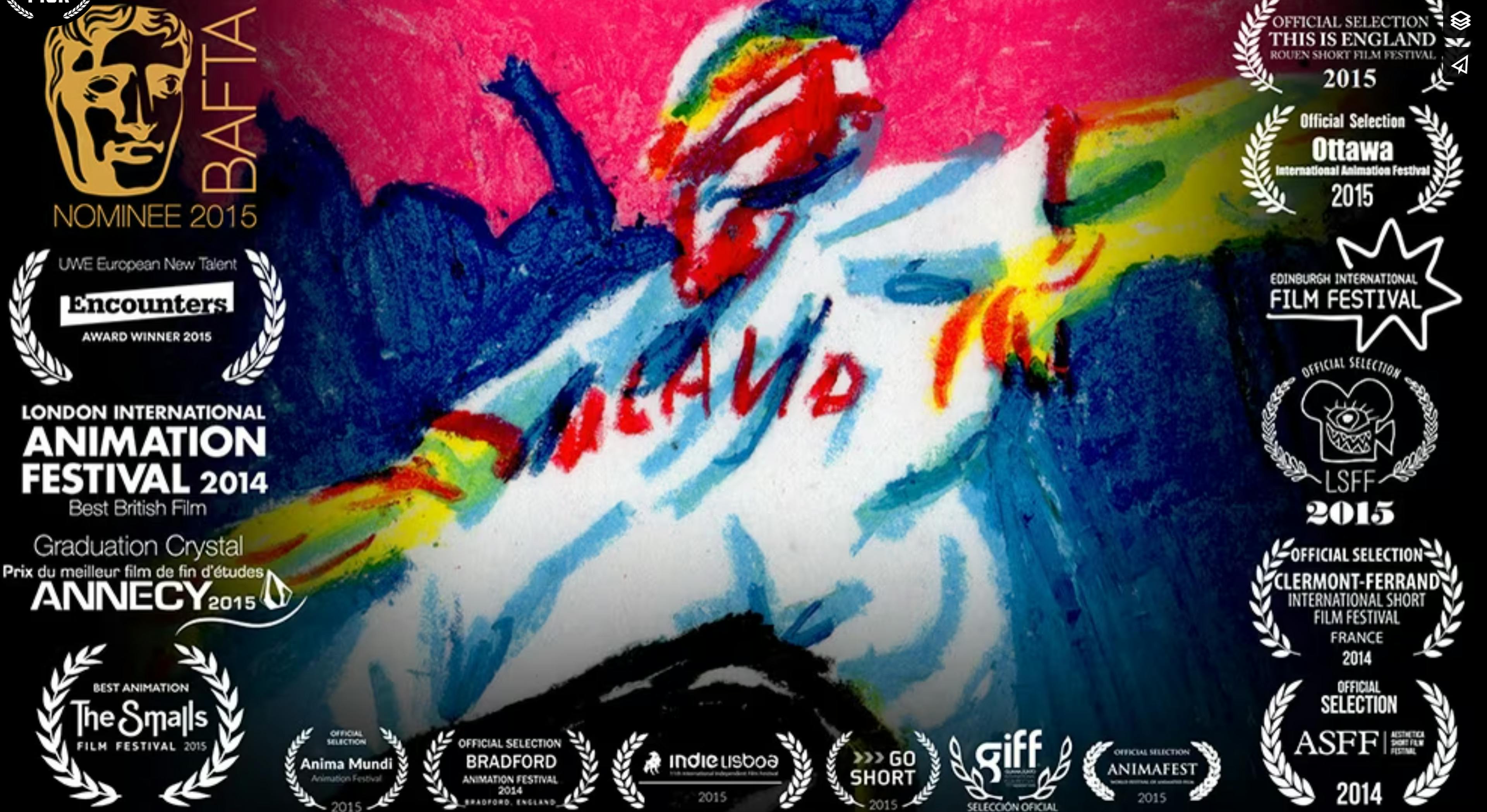 image of "My dad" (2014) and the many laurels it has been awarded. Image is of a character drawn in vibrant pastels - wearing a blue, red and white helmet, a white tshirt, and arms with bright yellow colour. 
